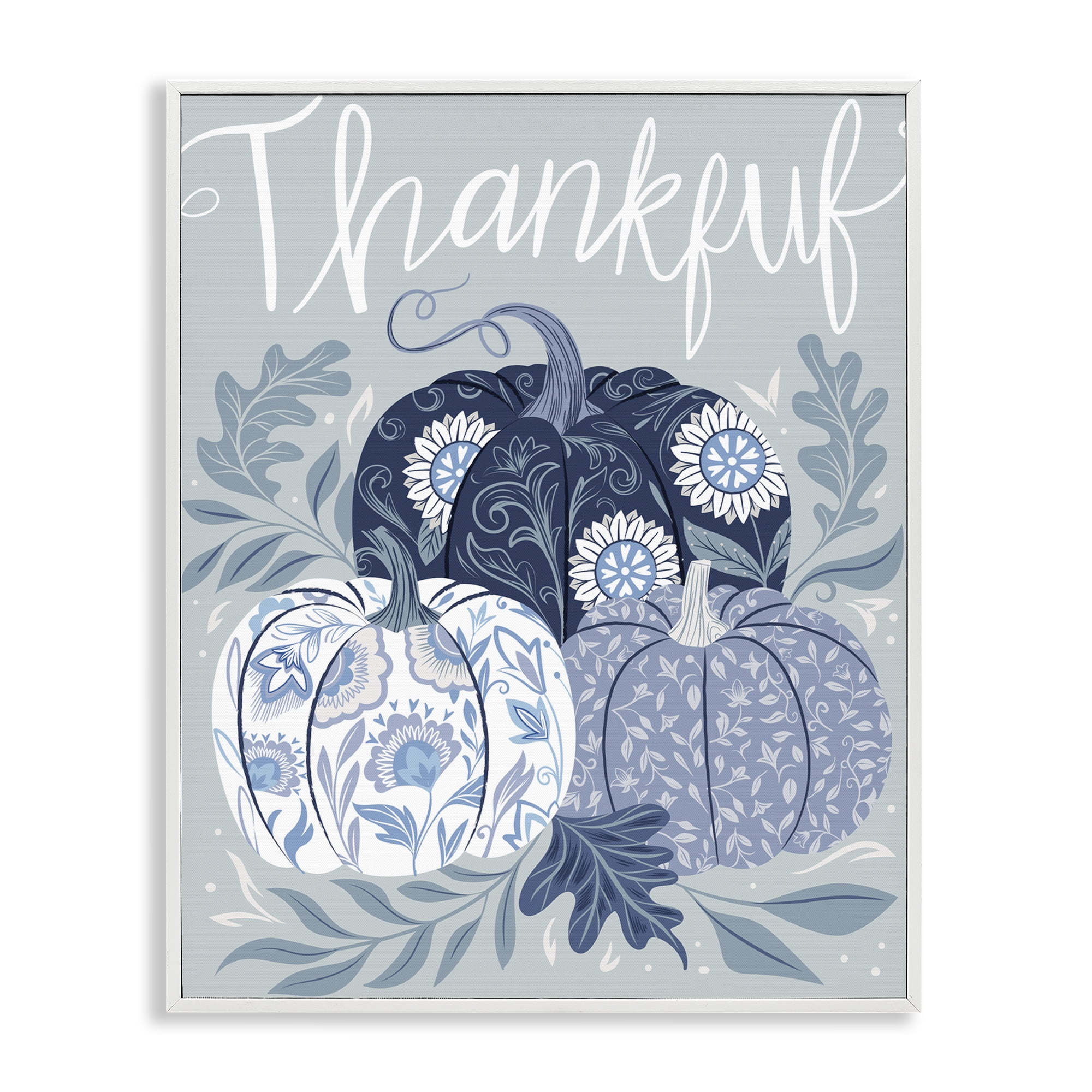 Stupell Industries Thankful Ornate Floral Pumpkins Plants & Flowers Painting White Framed Art Print Wall Art, 16 x 20