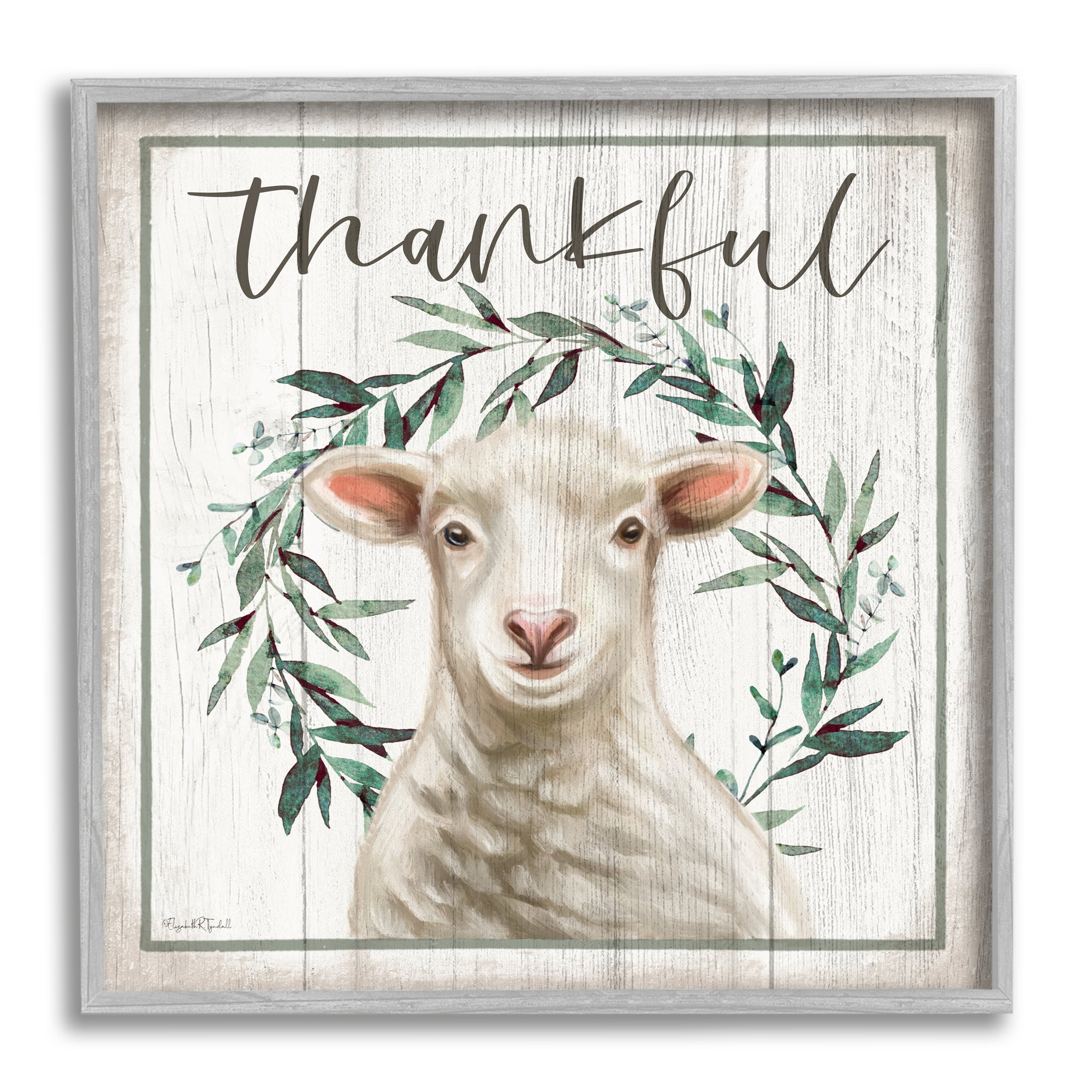 Stupell Industries Thankful Phrase Sheep Holiday Painting Gray Framed Art Print Wall Art, 17 x 17