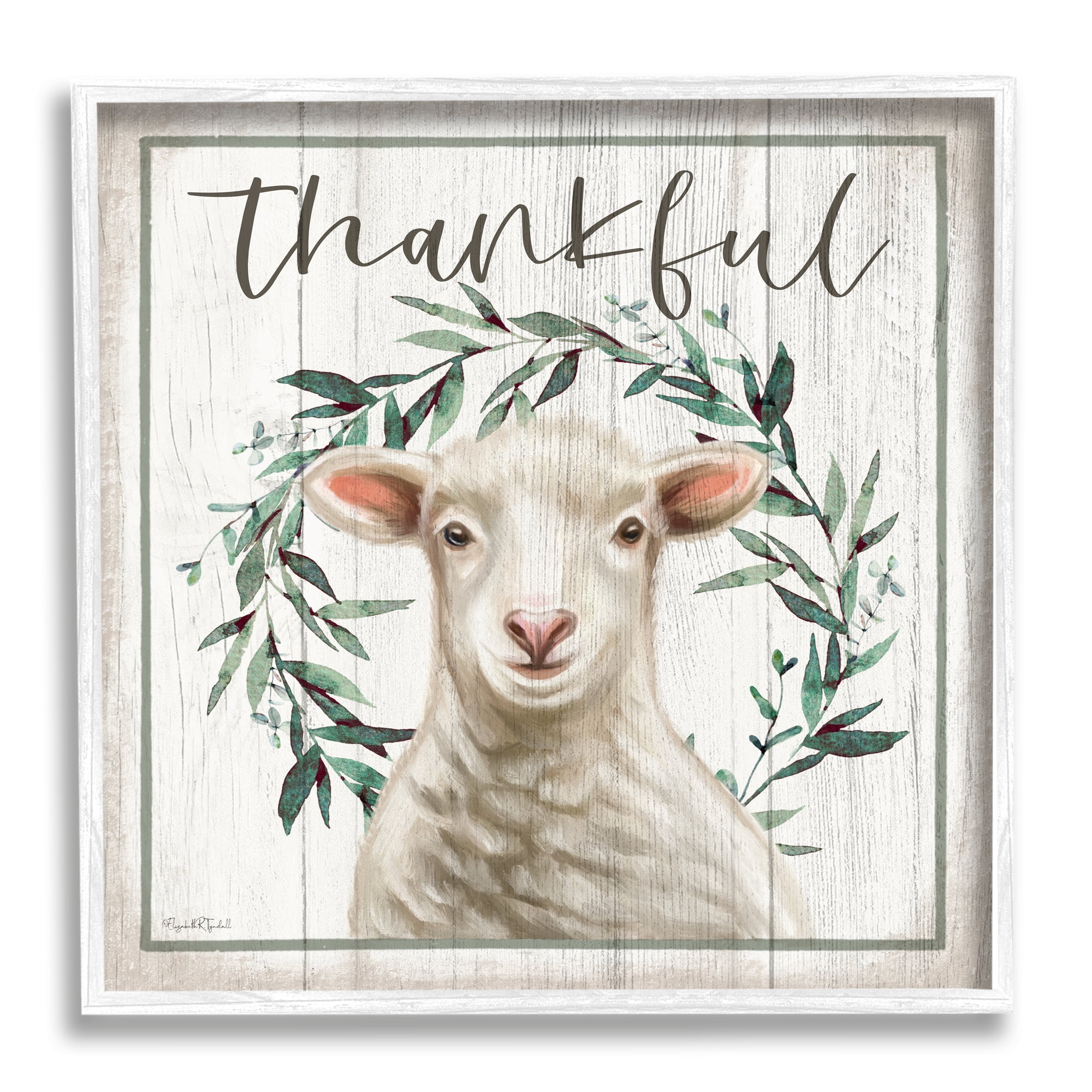 Stupell Industries Thankful Phrase Sheep Holiday Painting White Framed Art Print Wall Art, 17 x 17