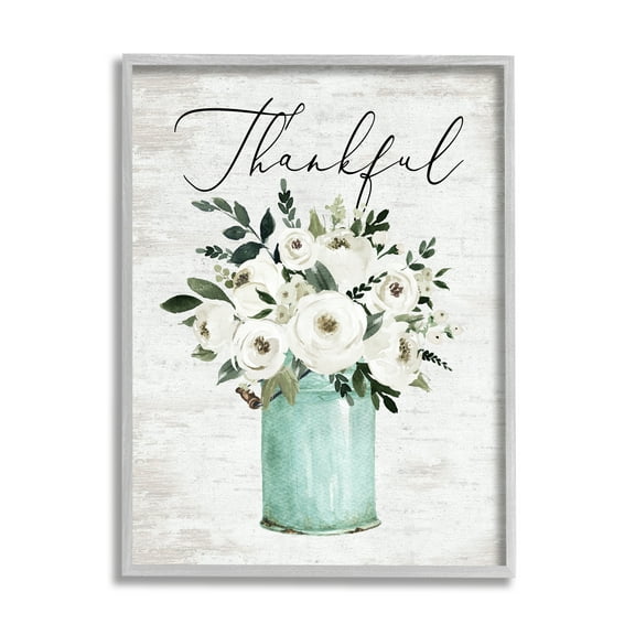 Stupell Industries Thankful Phrase White Ranunculus Floral Bouquet Milk Tin, 11 x 14, Design by Lettered and Lined