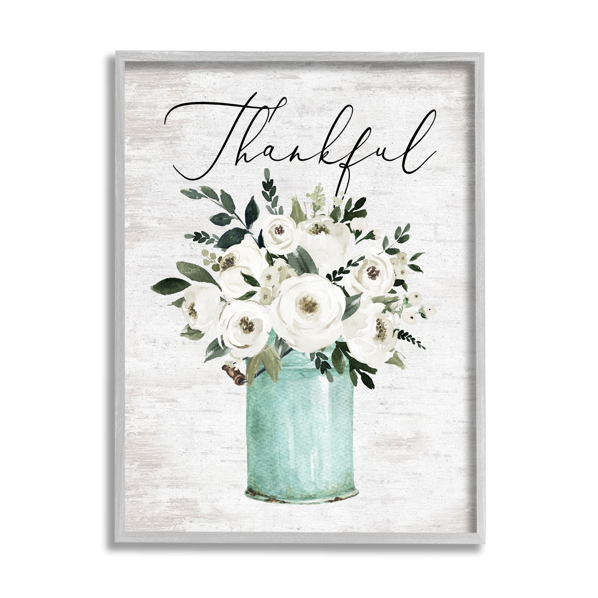 Stupell Industries Thankful Phrase White Ranunculus Floral Bouquet Milk Tin, 16 x 20, Design by Lettered and Lined