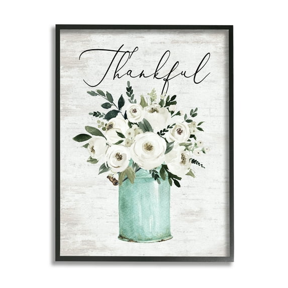 Stupell Industries Thankful Phrase White Ranunculus Floral Bouquet Milk Tin, 16 x 20, Design by Lettered and Lined