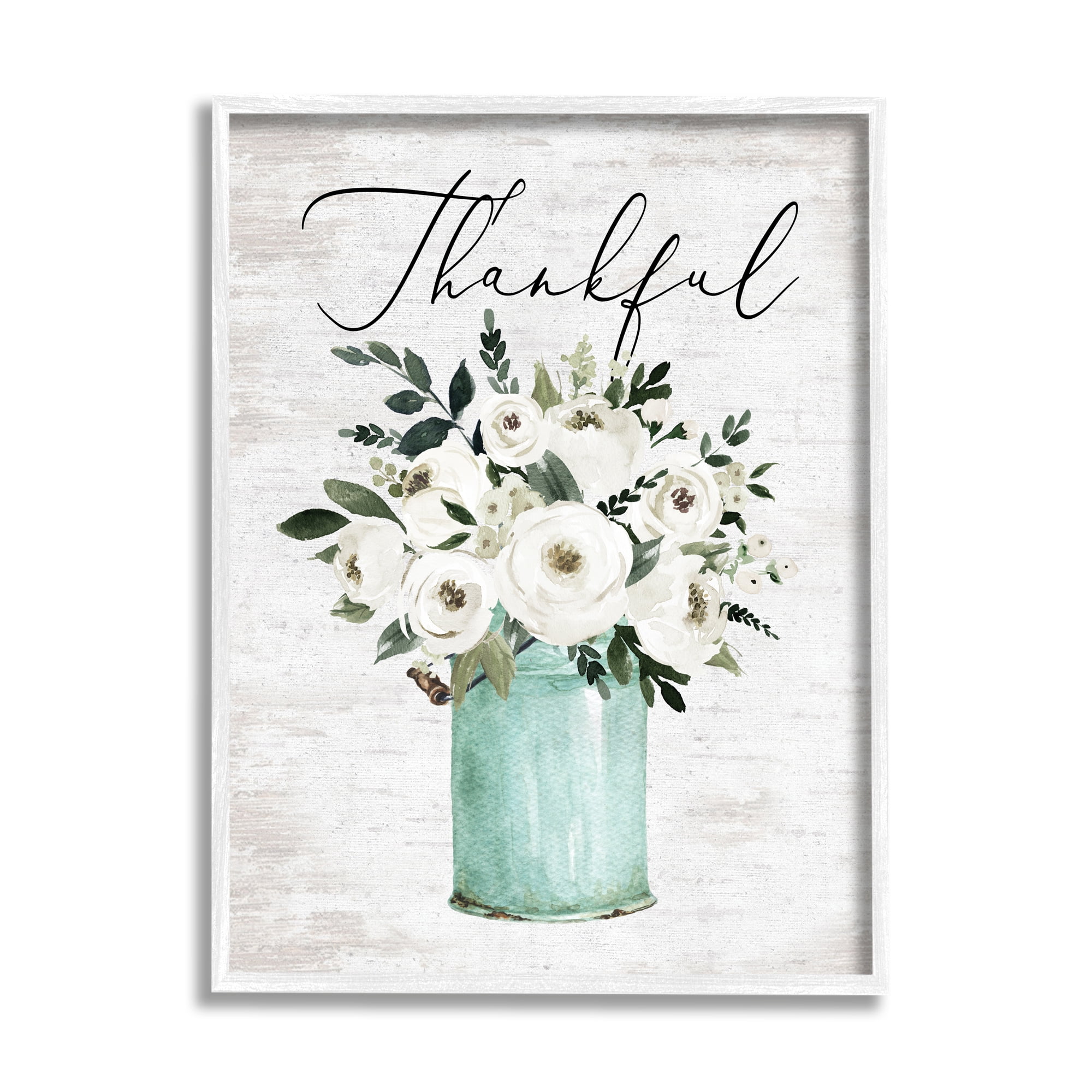 Stupell Industries Thankful Phrase White Ranunculus Floral Bouquet Milk Tin, 16 x 20, Design by Lettered and Lined