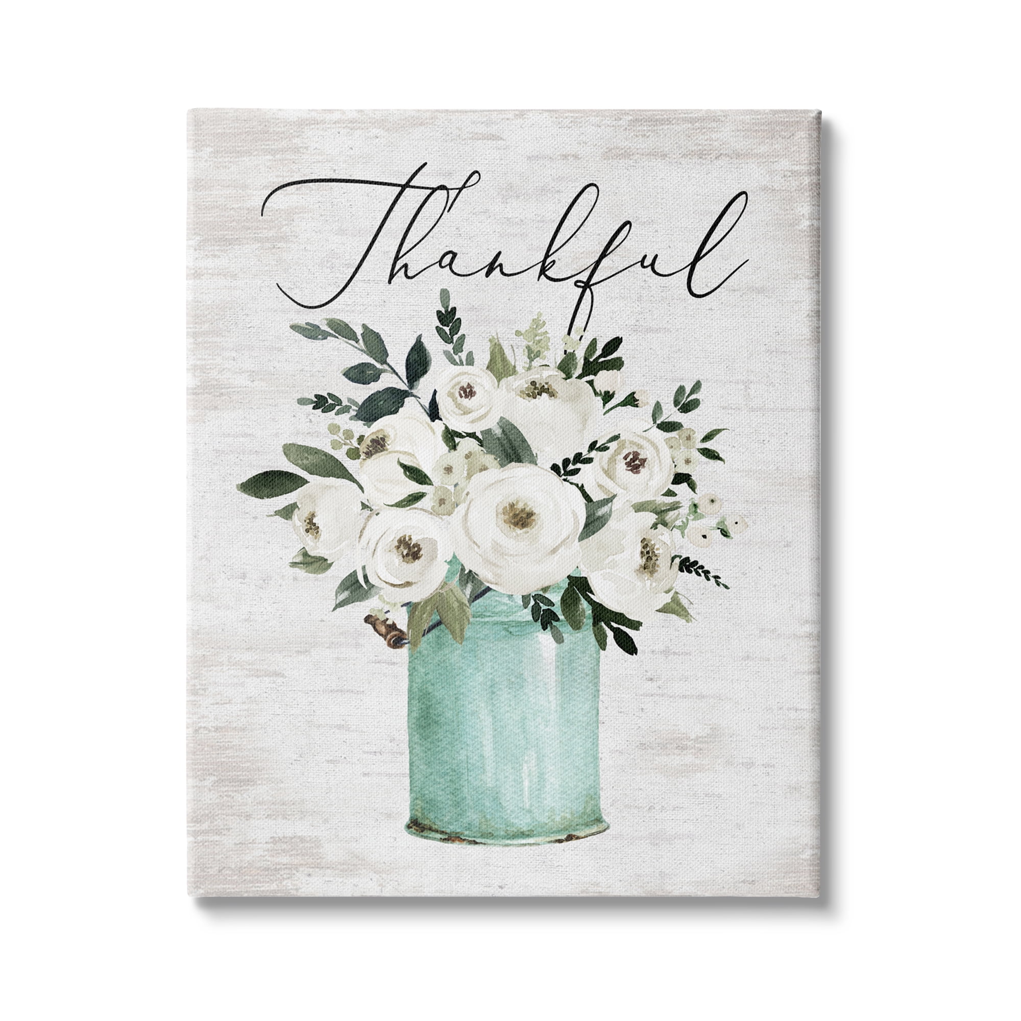 Stupell Industries Thankful Phrase White Ranunculus Floral Bouquet Milk Tin, 36 x 48, Design by Lettered and Lined