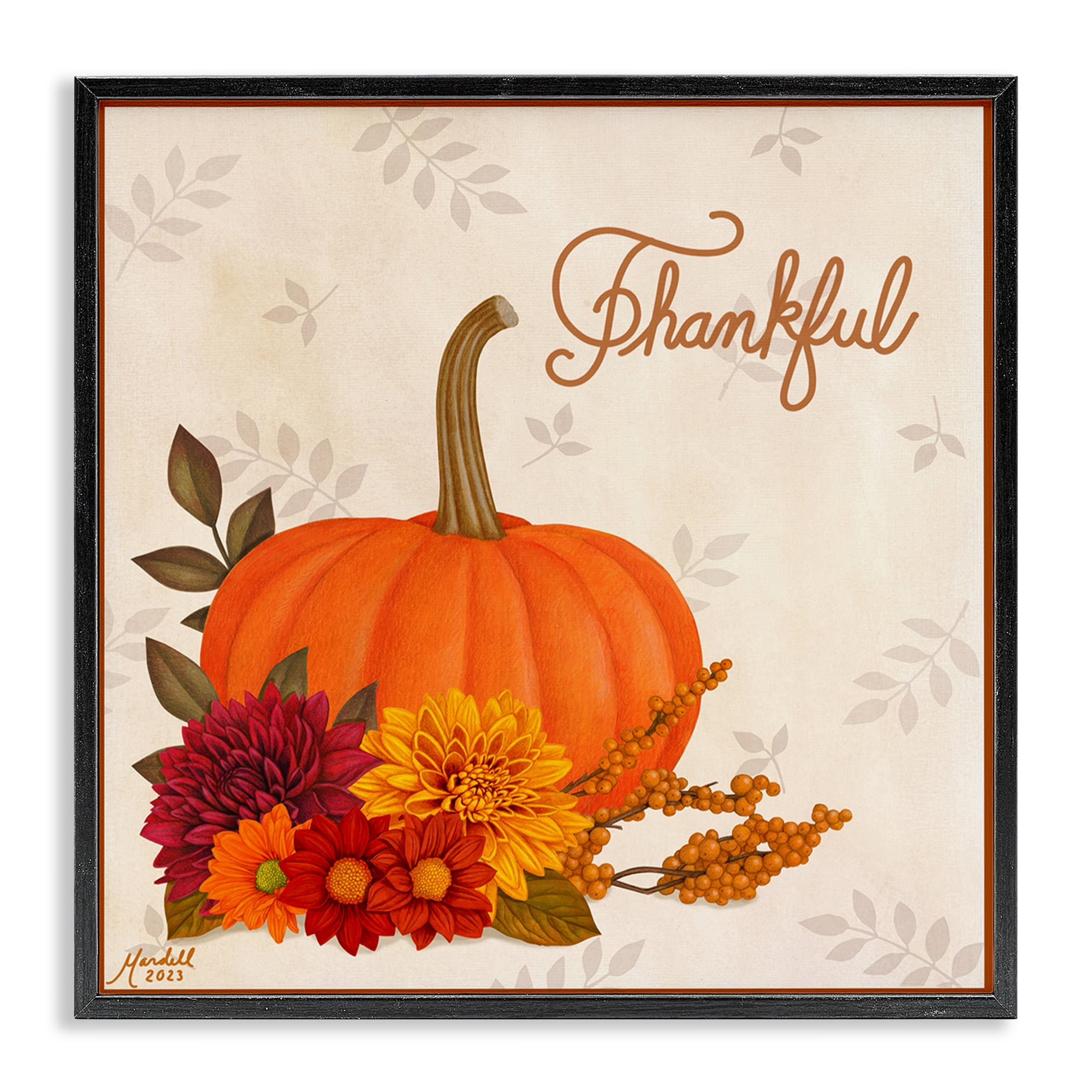 Stupell Industries Thankful Pumpkin & Florals Holiday Painting Black Framed Art Prints Wall Art, 12 x 12