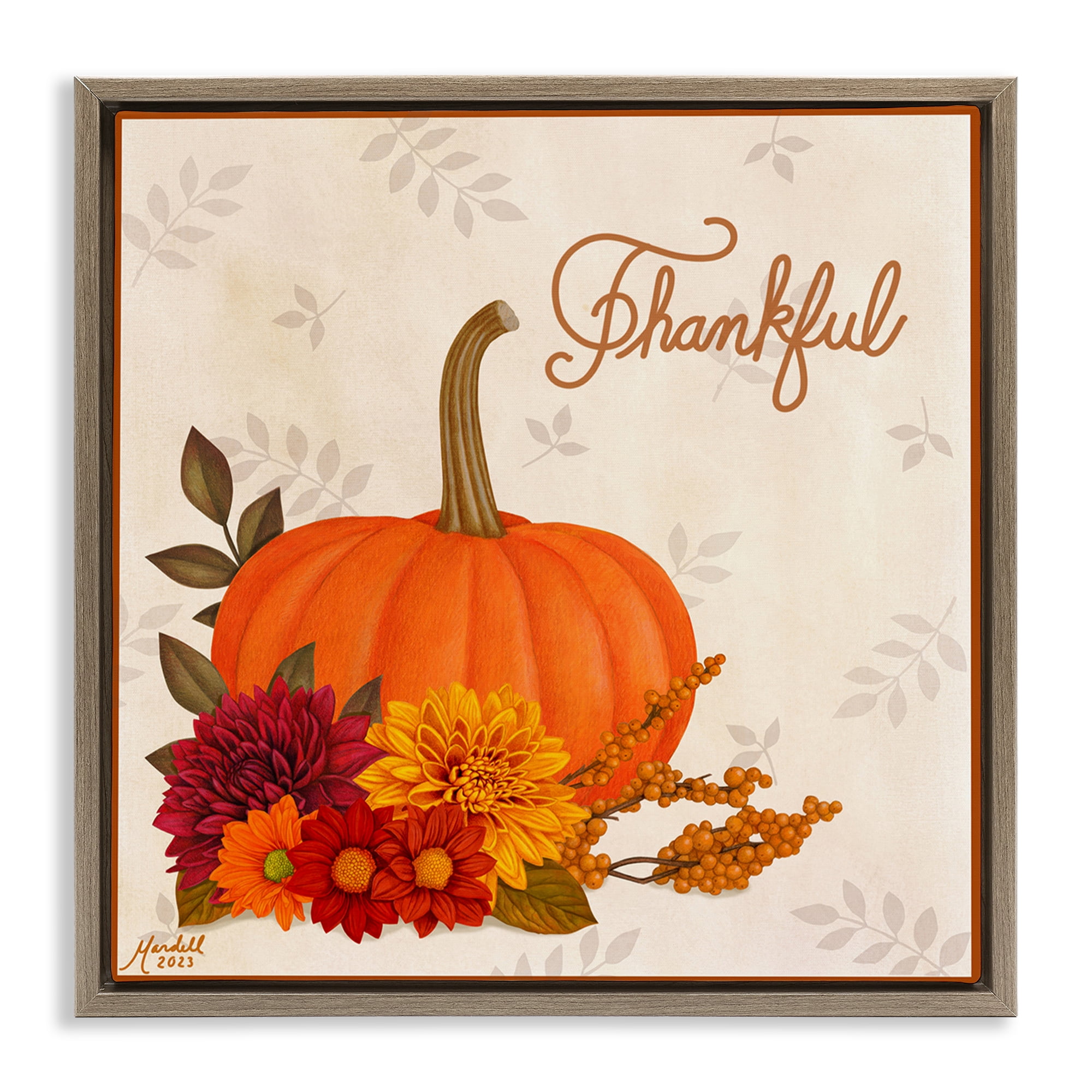 Stupell Industries Thankful Pumpkin & Florals Holiday Painting Brown Floater Framed Canvas Art Prints Wall Art, 25 x 25