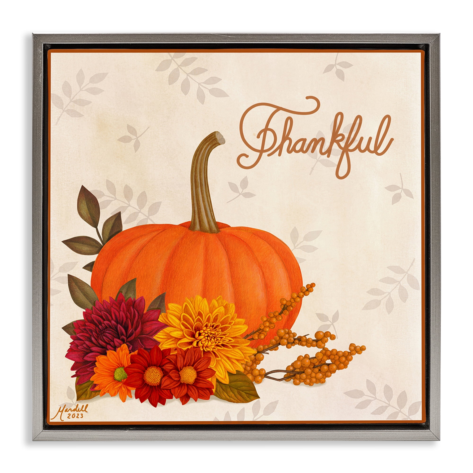 Stupell Industries Thankful Pumpkin & Florals Holiday Painting Gray Floater Framed Canvas Art Prints Wall Art, 18 x 18