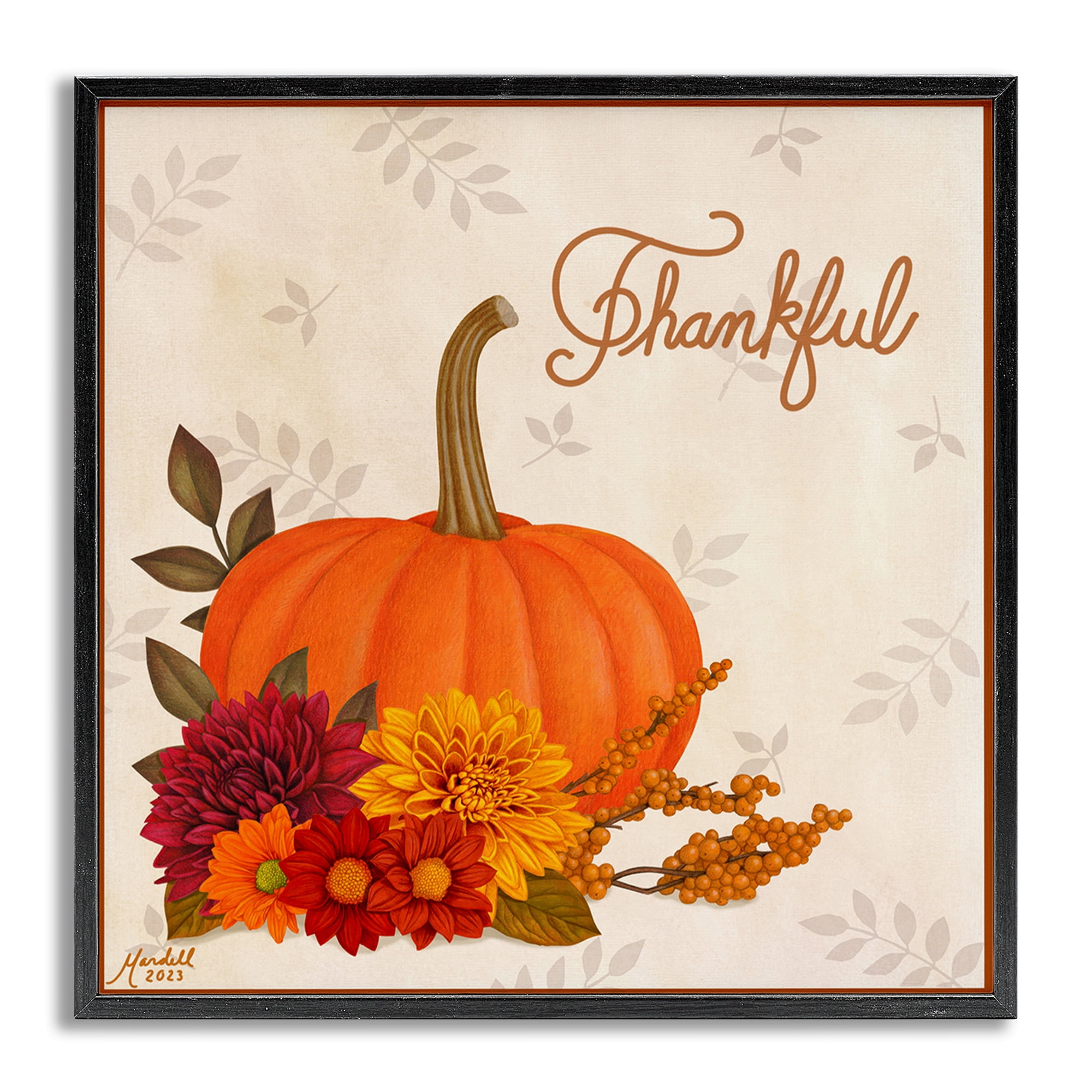 Stupell Industries Thankful Pumpkin & Florals Holiday Painting Gray Framed Art Prints Wall Art, 17 x 17