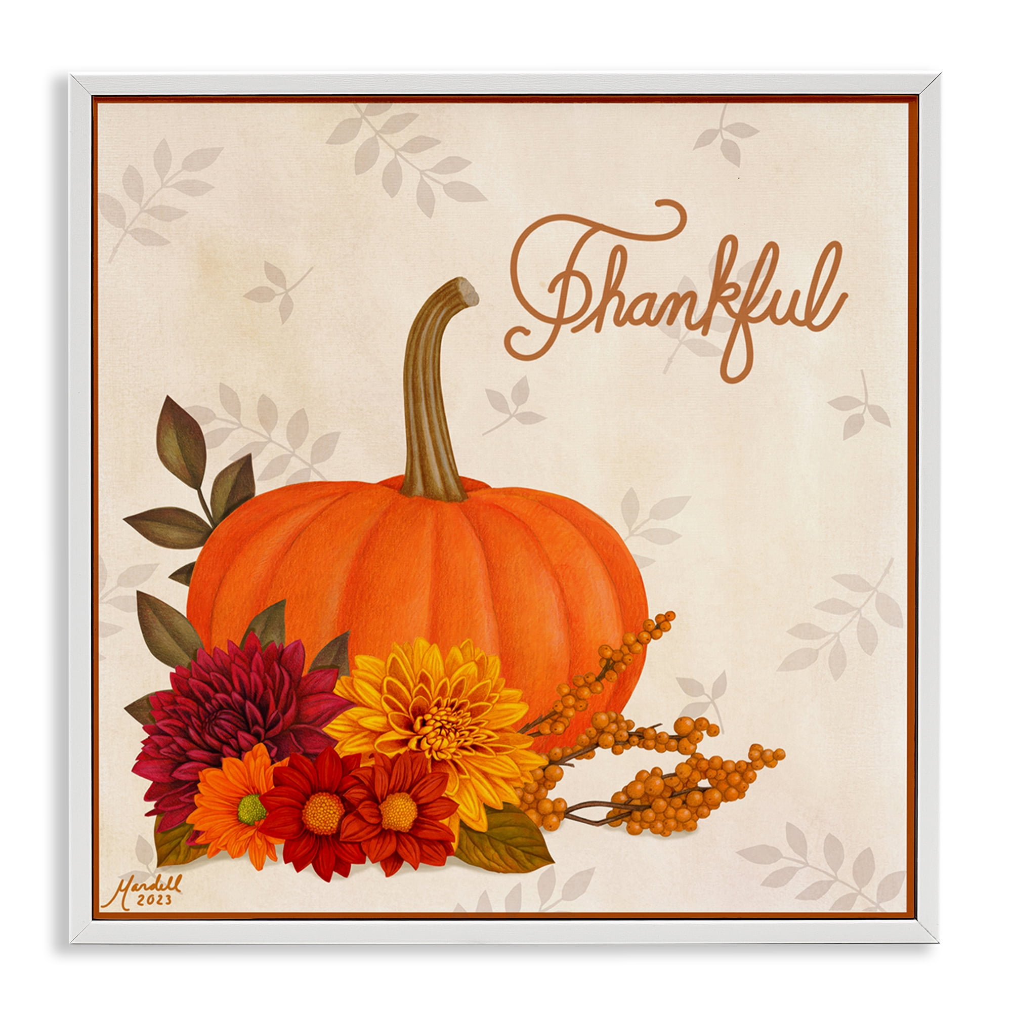 Stupell Industries Thankful Pumpkin & Florals Holiday Painting White Framed Art Prints Wall Art, 17 x 17