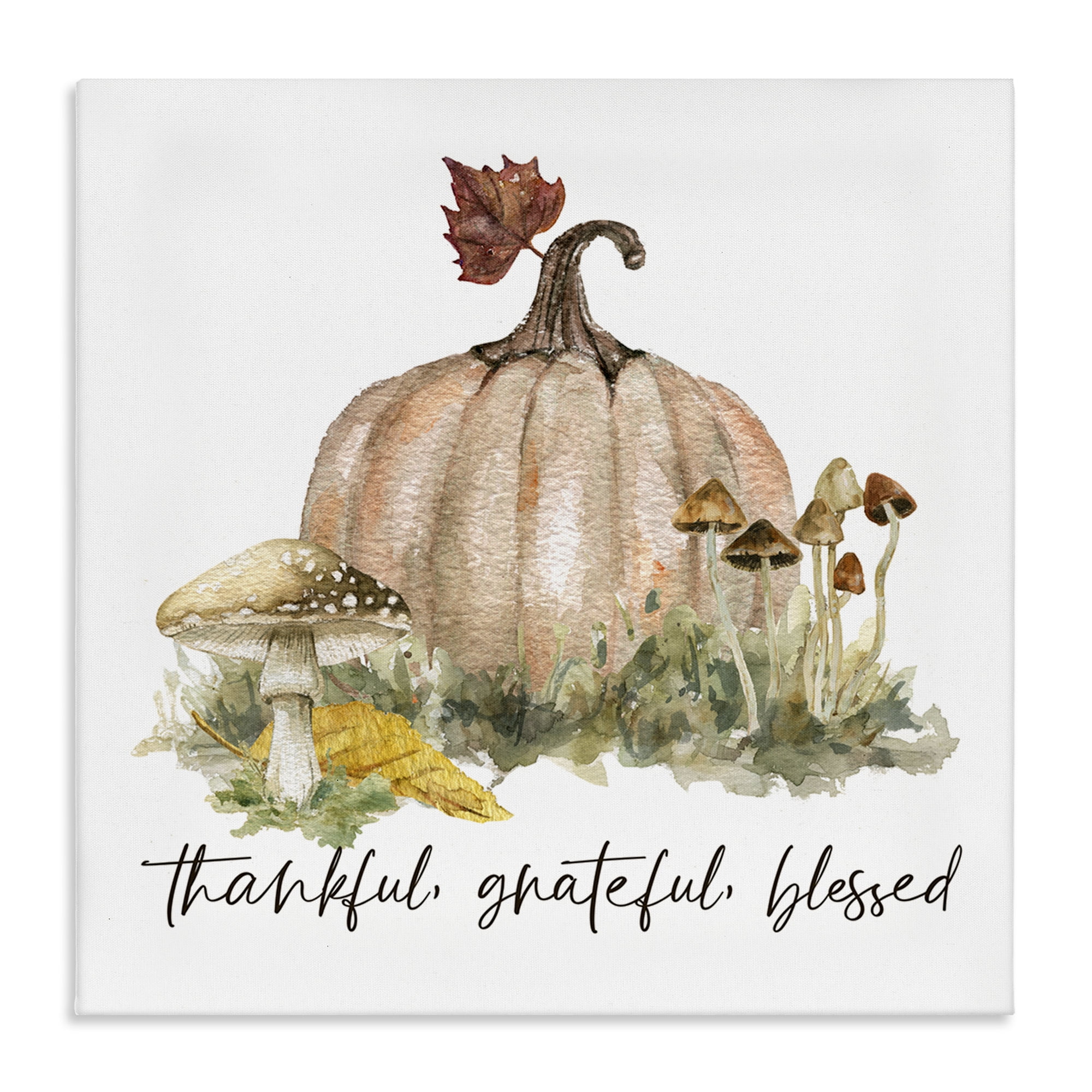 Stupell Industries Thankful Pumpkin & Mushrooms Botanical & Floral Painting Gallery Wrapped Canvas Art Prints Wall Art, 30 x 30