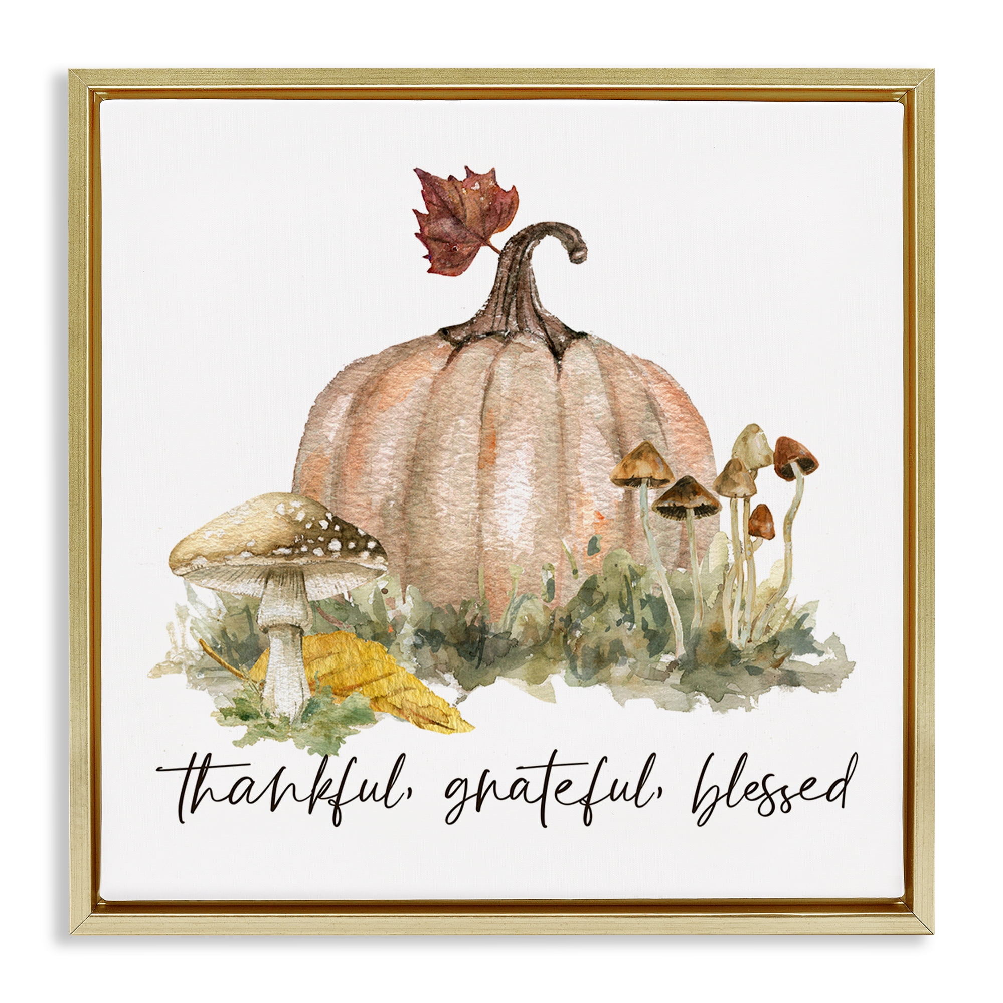 Stupell Industries Thankful Pumpkin & Mushrooms Botanical & Floral Painting Gold Floater Framed Canvas Art Prints Wall Art, 18 x 18
