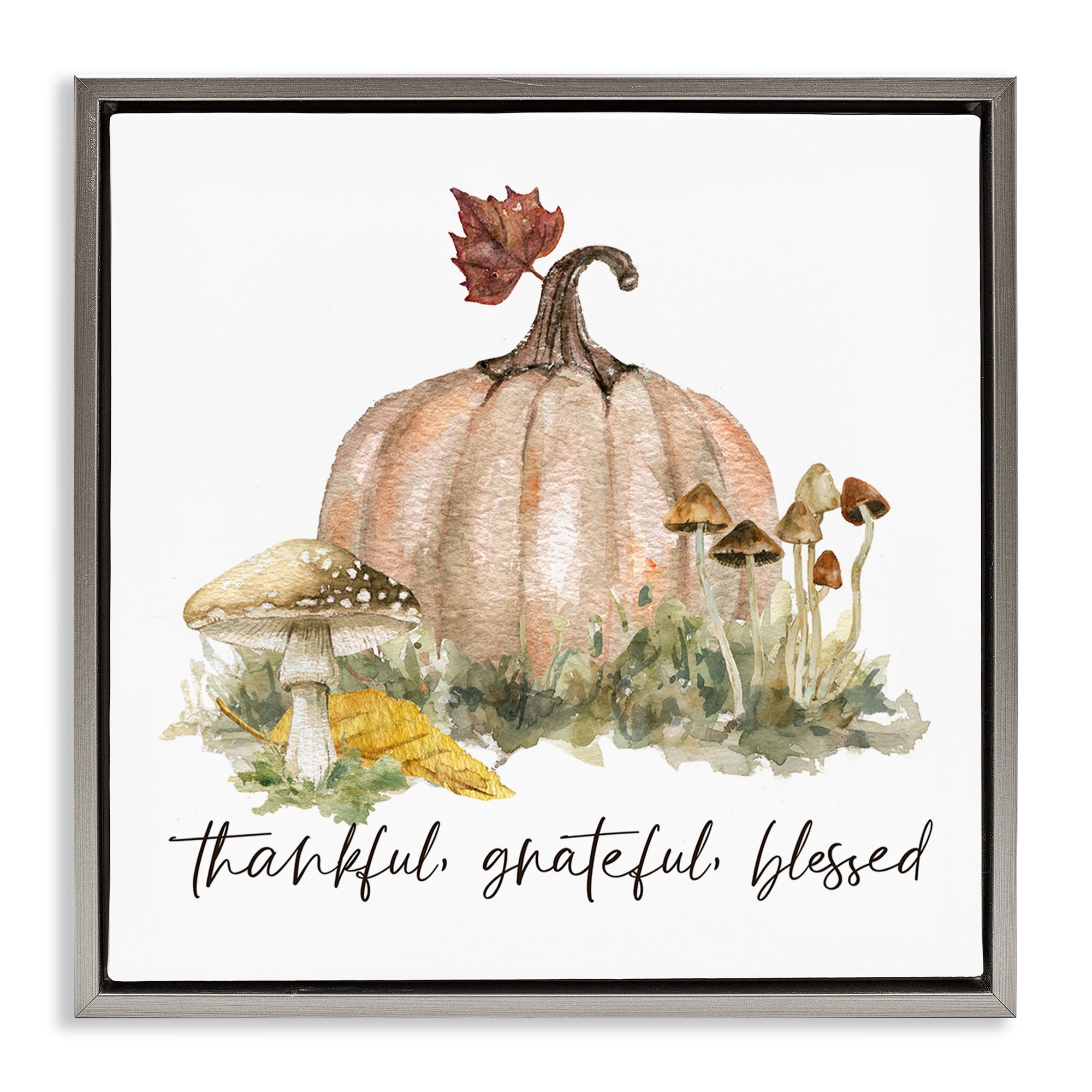 Stupell Industries Thankful Pumpkin & Mushrooms Botanical & Floral Painting Gray Floater Framed Canvas Art Prints Wall Art, 18 x 18