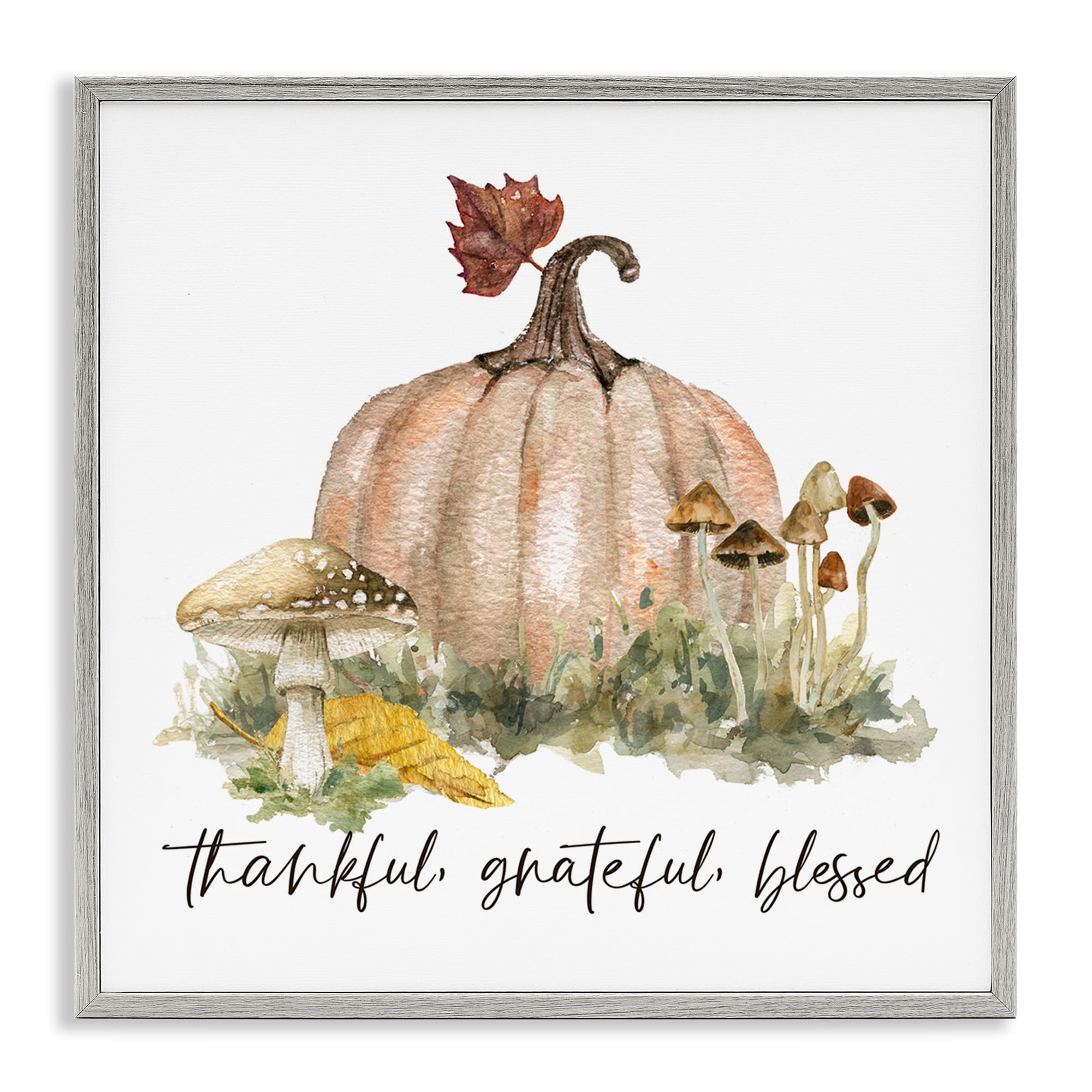 Stupell Industries Thankful Pumpkin & Mushrooms Botanical & Floral Painting Gray Framed Art Prints Wall Art, 17 x 17