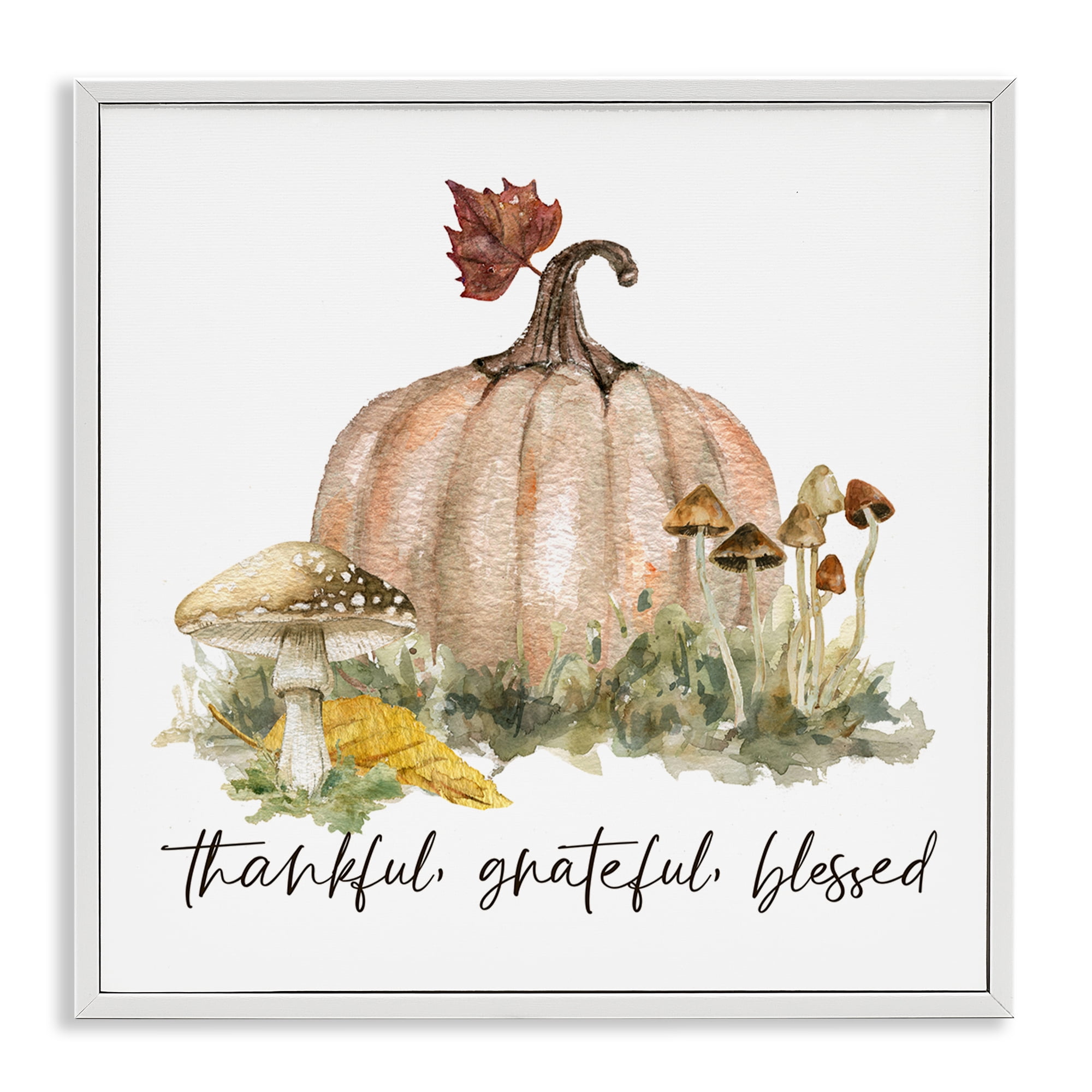 Stupell Industries Thankful Pumpkin & Mushrooms Botanical & Floral Painting White Framed Art Prints Wall Art, 17 x 17