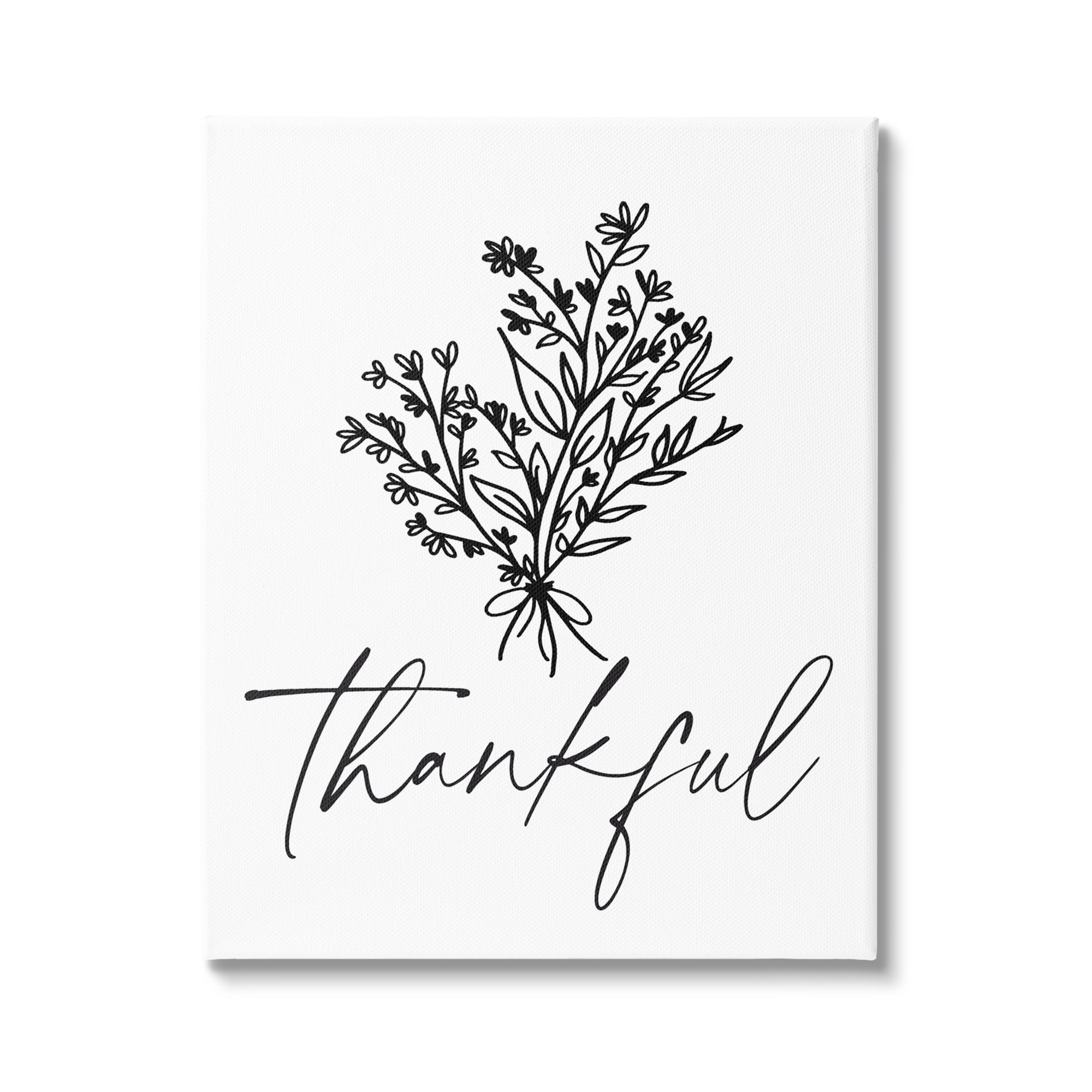 Stupell Industries Thankful Script Delicate Botanical Blooms Petals Bouquet Graphic Art Gallery Wrapped Canvas Print Wall Art, Design by Lettered and Lined