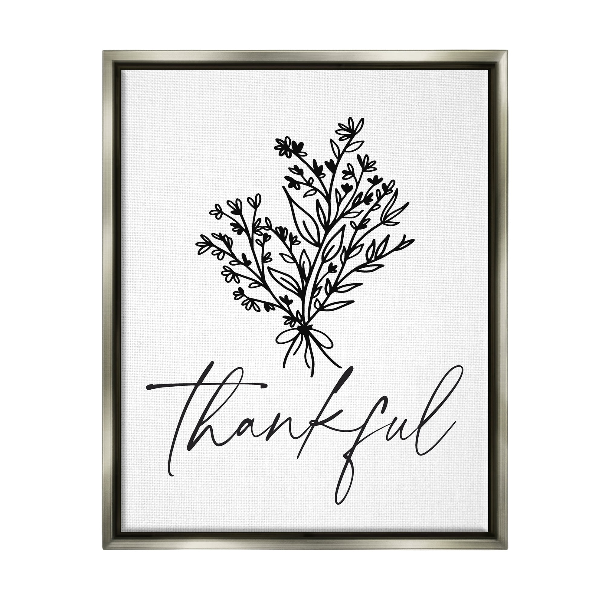 Stupell Industries Thankful Script Delicate Botanical Blooms Petals Bouquet Graphic Art Luster Gray Floating Framed Canvas Print Wall Art, Design by Lettered and Lined