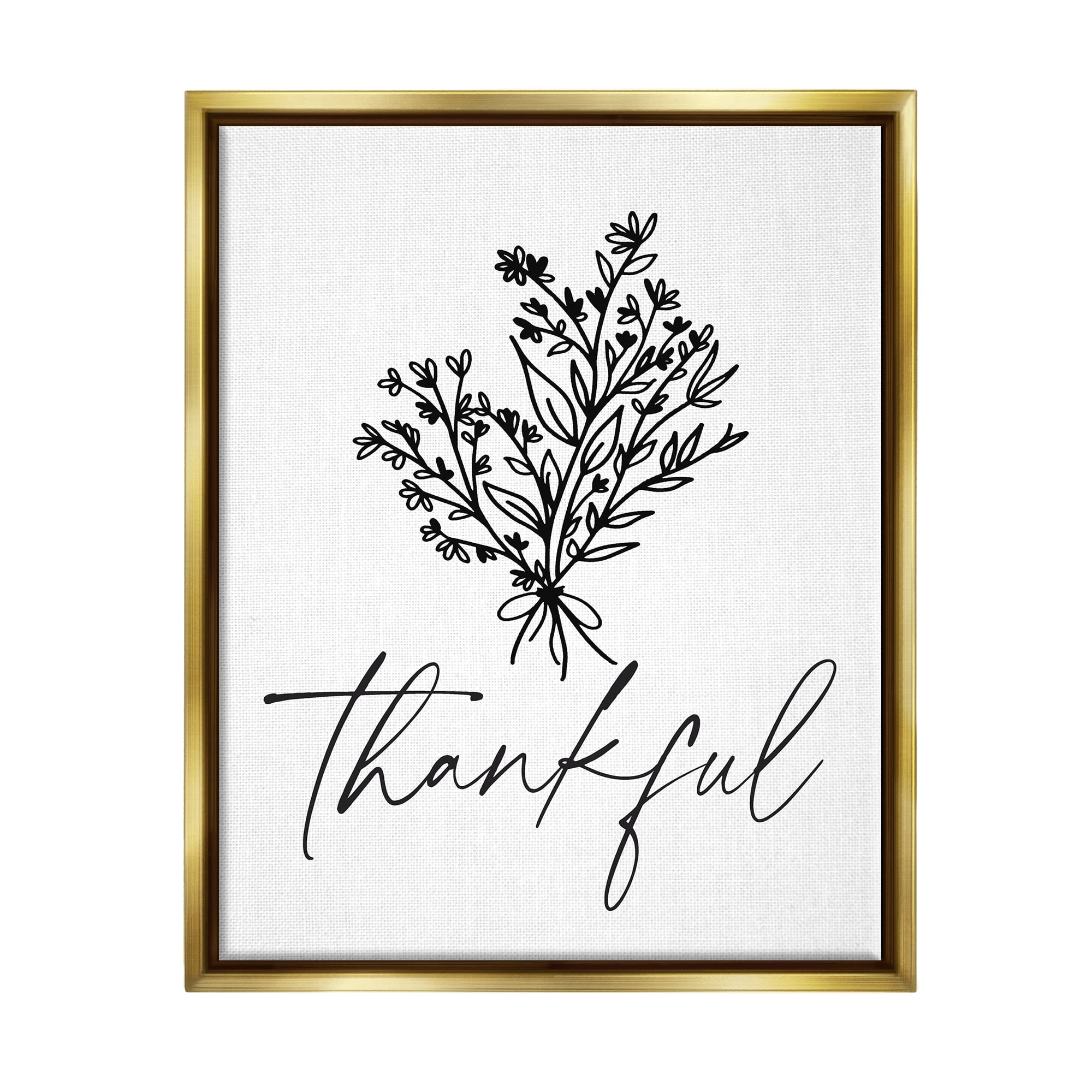 Stupell Industries Thankful Script Delicate Botanical Blooms Petals Bouquet Graphic Art Metallic Gold Floating Framed Canvas Print Wall Art, Design by Lettered and Lined