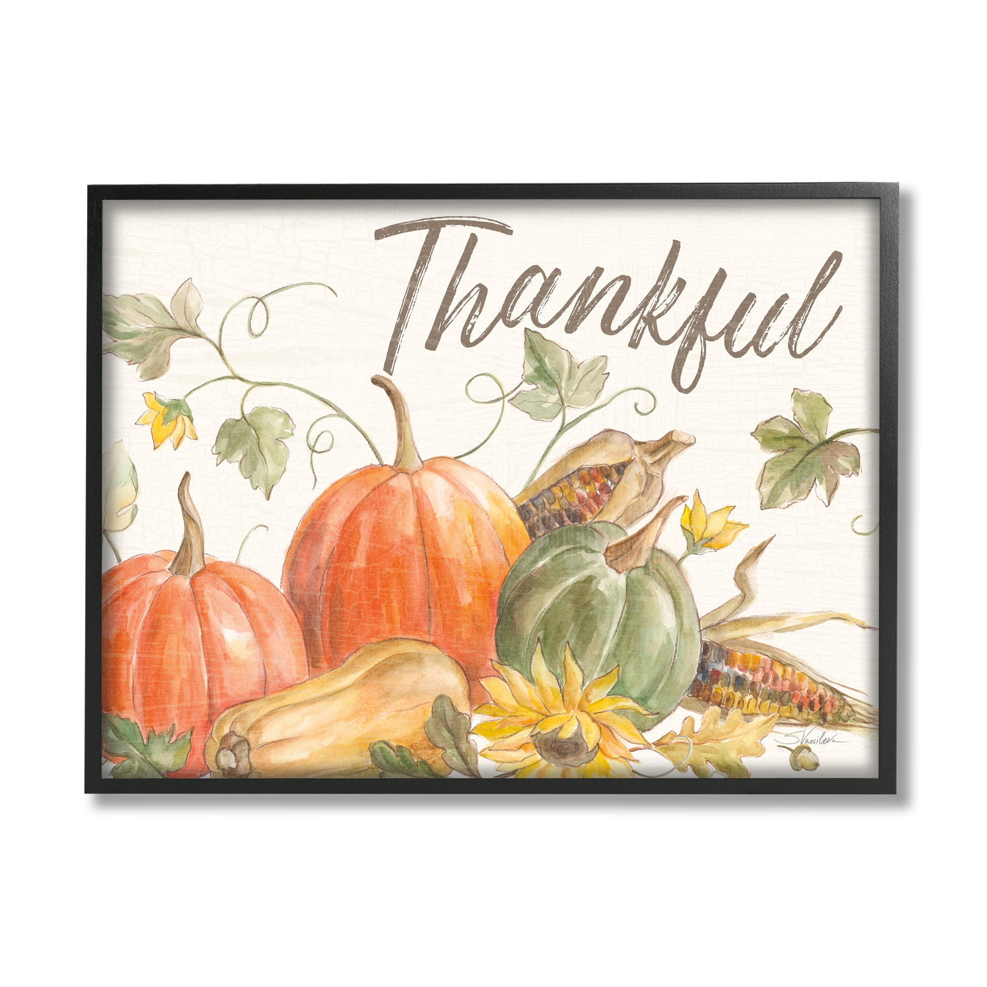 Stupell Industries Thankful Sentiment Autumn Pumpkin Corn Harvest Food & Beverage Painting Black Framed Art Print Wall Art, 24 x 30