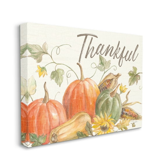 Stupell Industries Thankful Sentiment Autumn Pumpkin Corn Harvest Food & Beverage Painting Gallery Wrapped Canvas Print Wall Art, 30 x 40