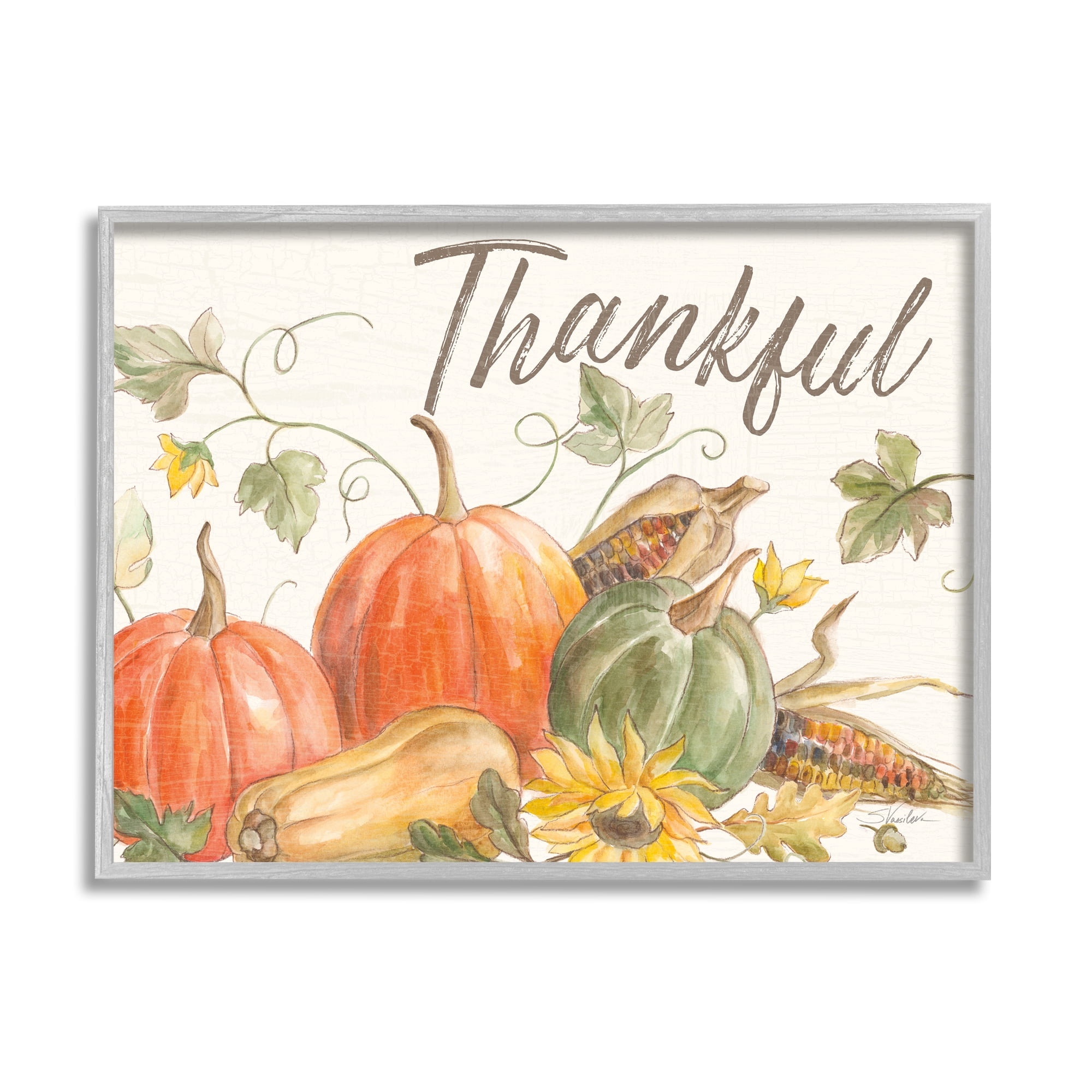Stupell Industries Thankful Sentiment Autumn Pumpkin Corn Harvest Food & Beverage Painting Gray Framed Art Print Wall Art, 16 x 20