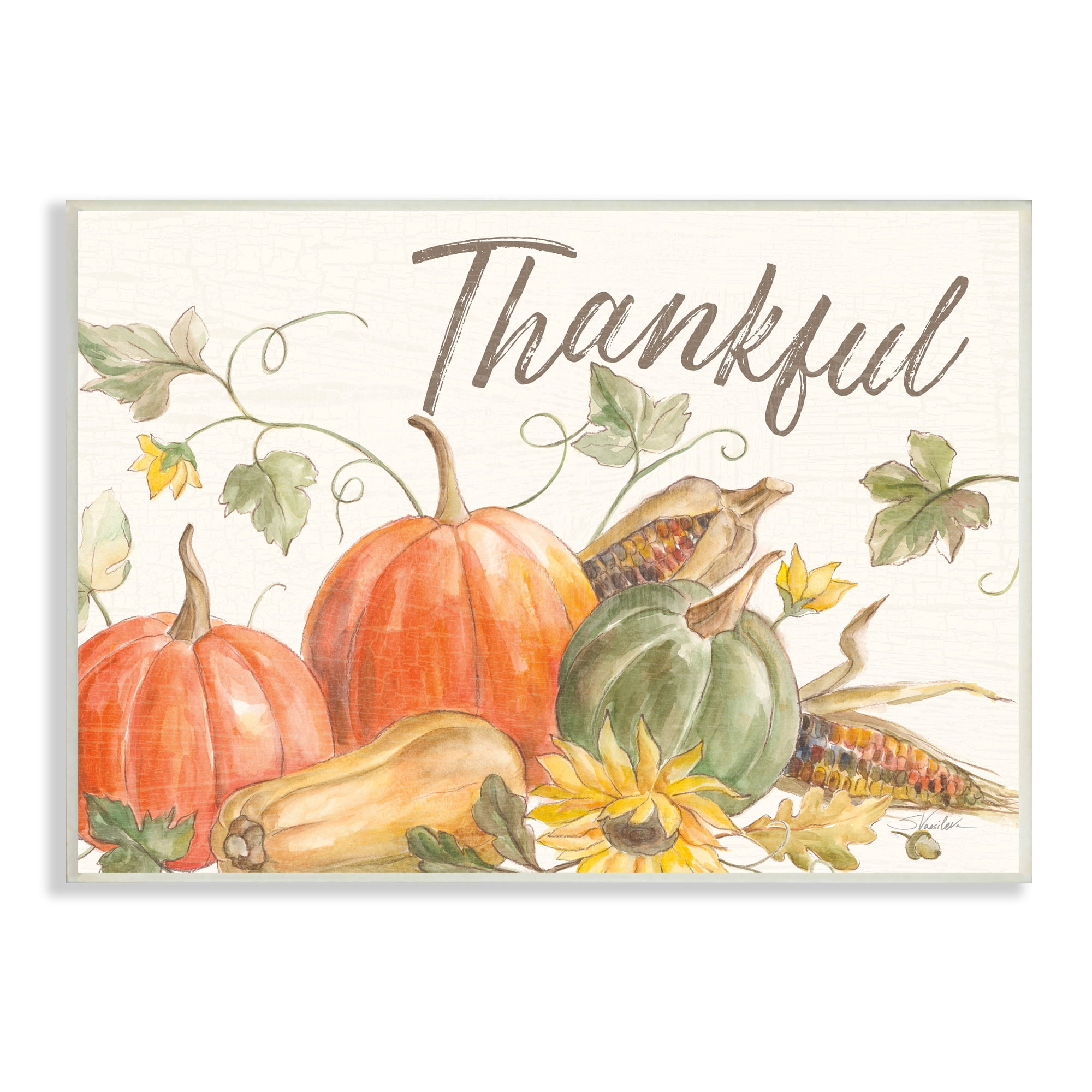 Stupell Industries Thankful Sentiment Autumn Pumpkin Corn Harvest Food & Beverage Painting Unframed Art Print Wall Art, 13 x 19