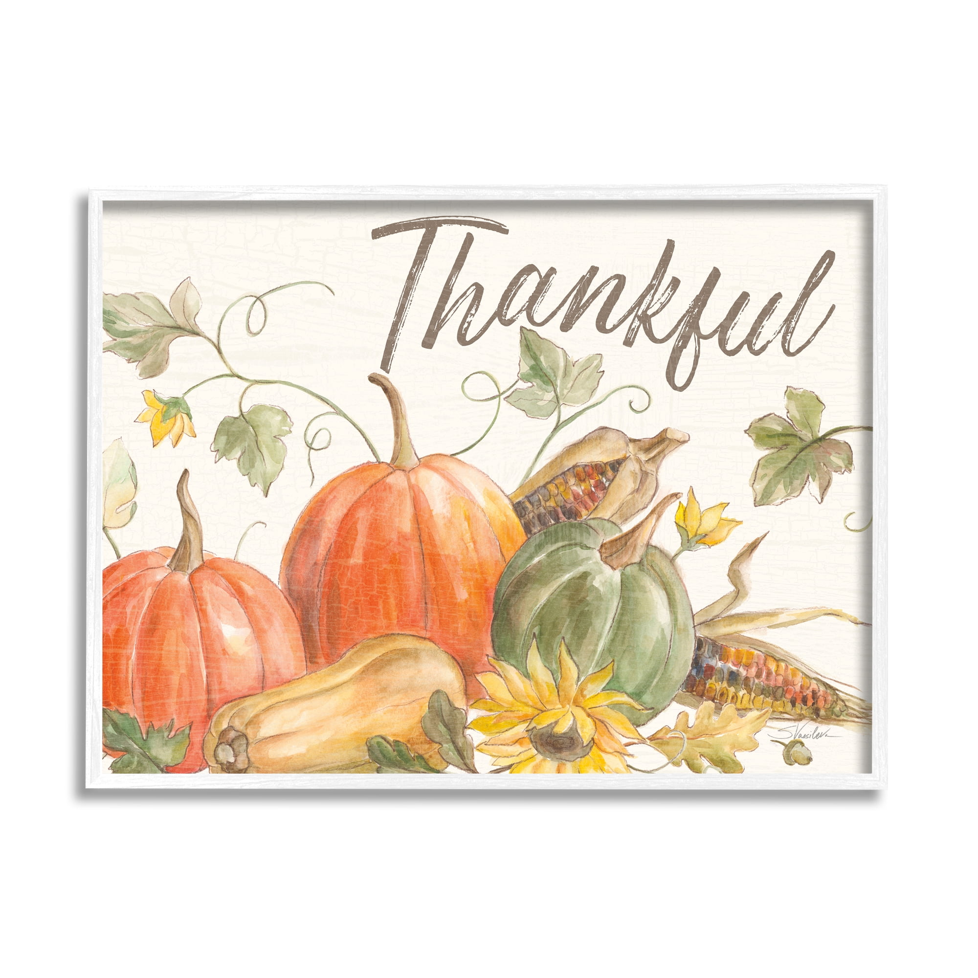 Stupell Industries Thankful Sentiment Autumn Pumpkin Corn Harvest Food & Beverage Painting White Framed Art Print Wall Art, 24 x 30