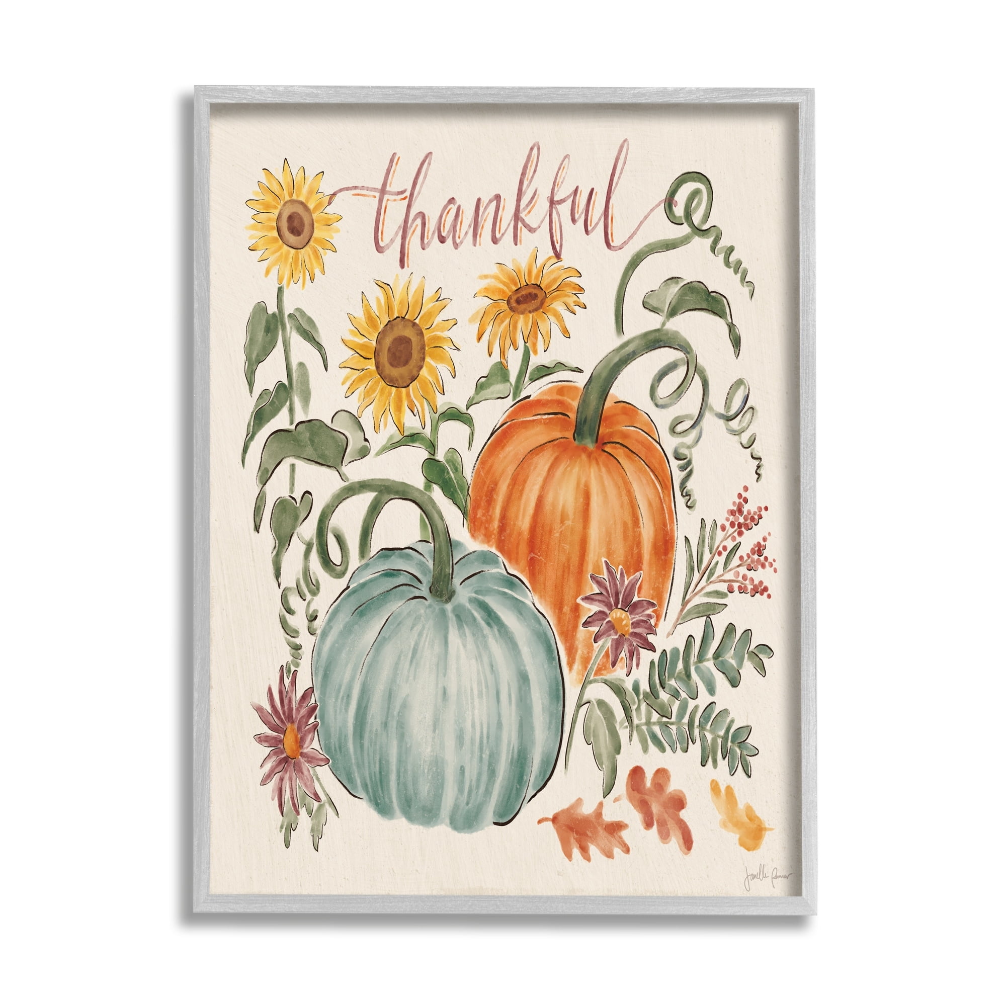 Stupell Industries Thankful Sentiment Pumpkin Pair Yellow Sunflower Florals, 11 x 14,Design by Janelle Penner