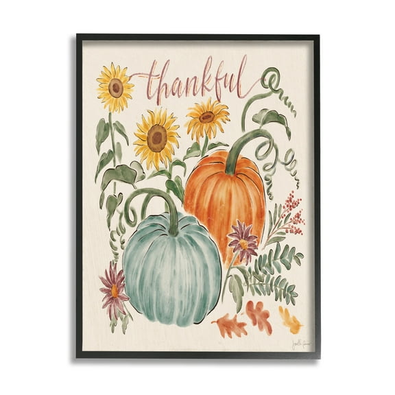 Stupell Industries Thankful Sentiment Pumpkin Pair Yellow Sunflower Florals, 11 x 14,Design by Janelle Penner