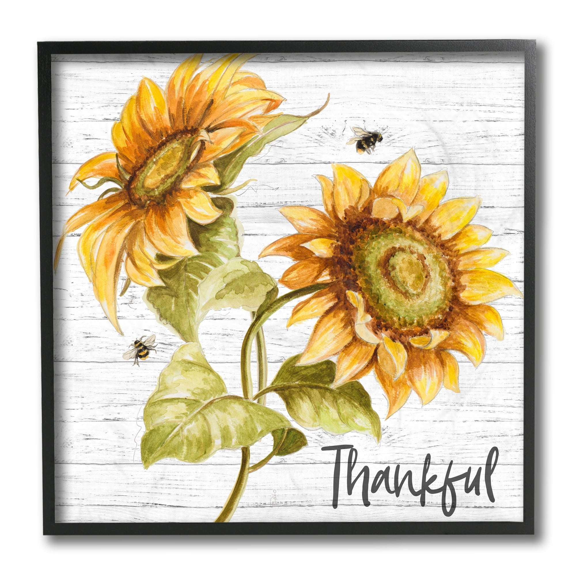 Stupell Industries Thankful Text Country Sunflowers Bumble Bees Black Framed by Patricia Pinto