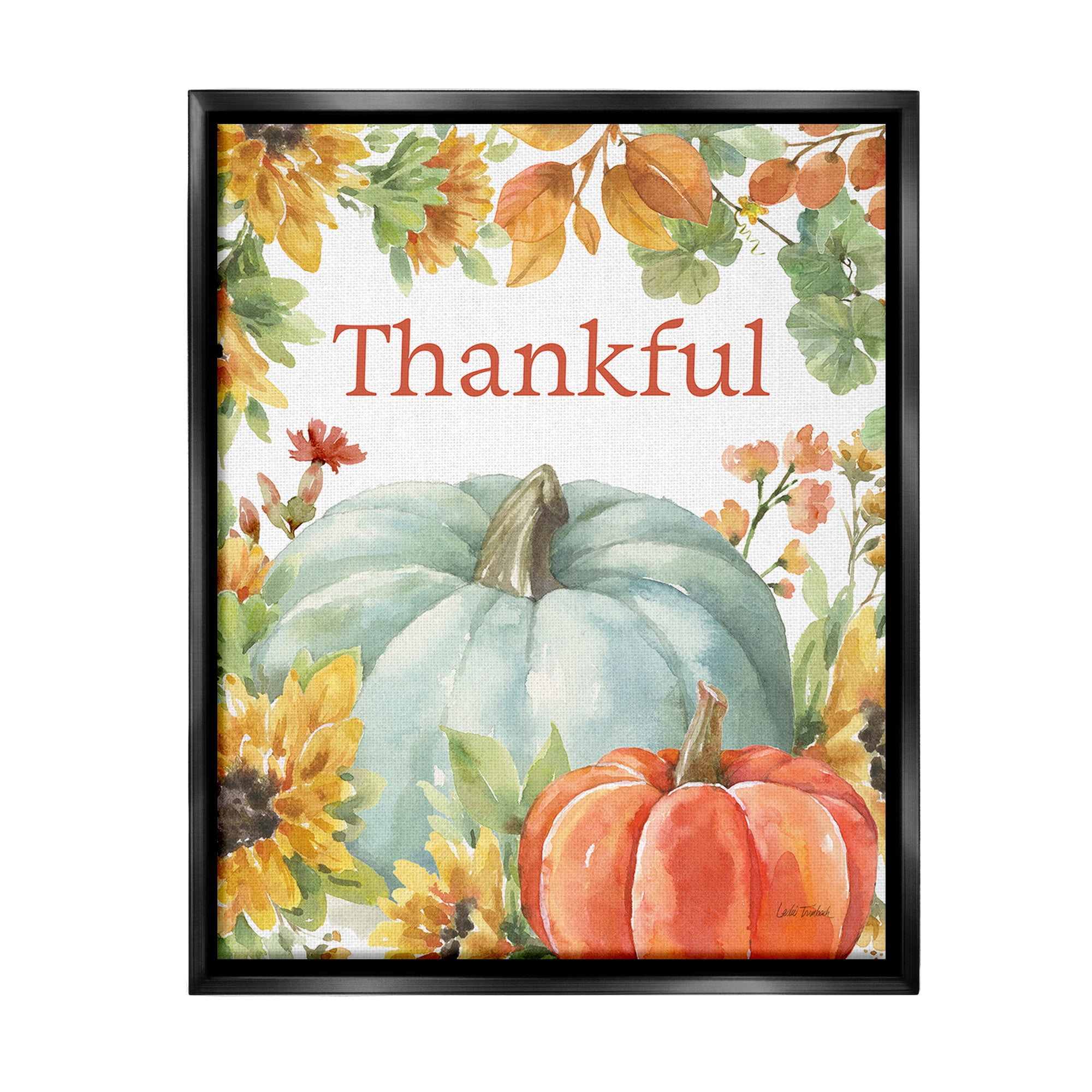 Stupell Industries Thankful with Fall Harvest Holiday Painting Black Floater Framed Canvas Art Print Wall Art, 25 x 31
