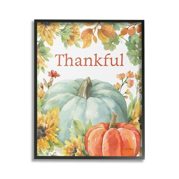 Stupell Industries Thankful with Fall Harvest Holiday Painting Black Framed Art Print Wall Art, 24 x 30