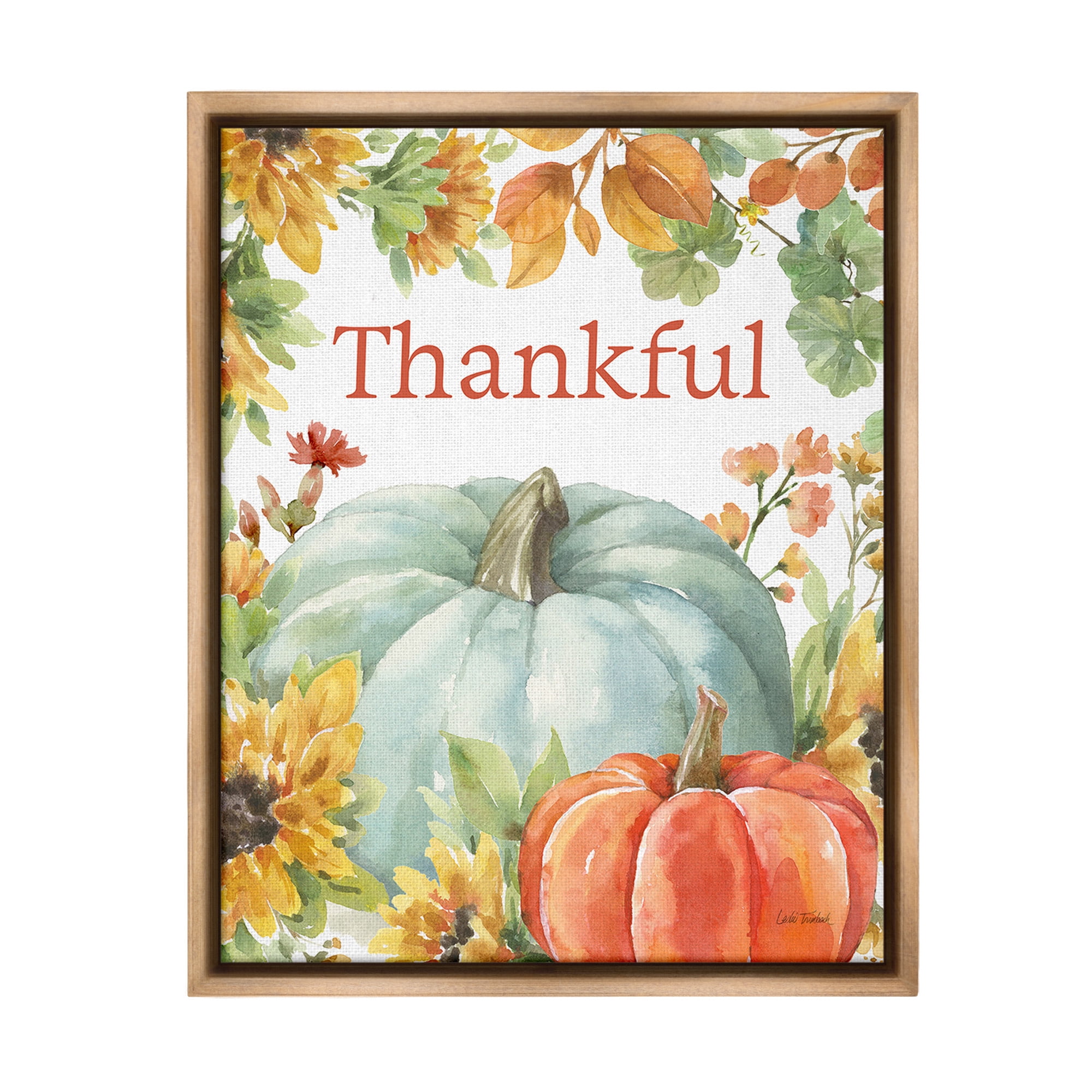 Stupell Industries Thankful with Fall Harvest Holiday Painting Brown Floater Framed Canvas Art Print Wall Art, 17 x 21