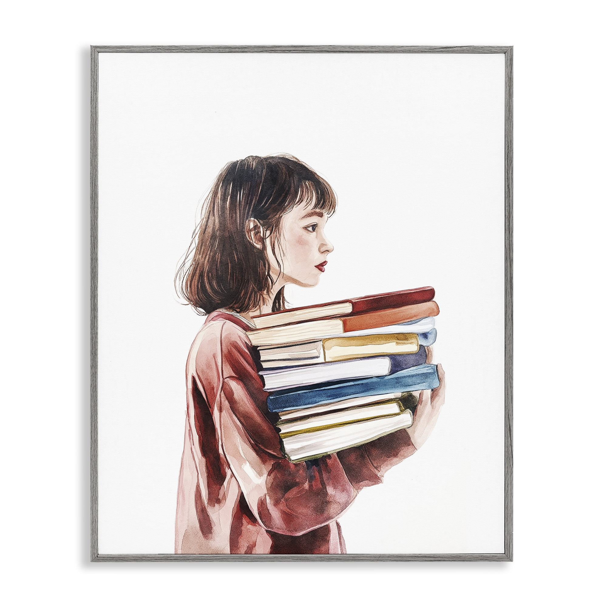 Stupell Industries The Book Bearer Girl Gray Framed Giclee Art, design by Svetlana Aleynikova