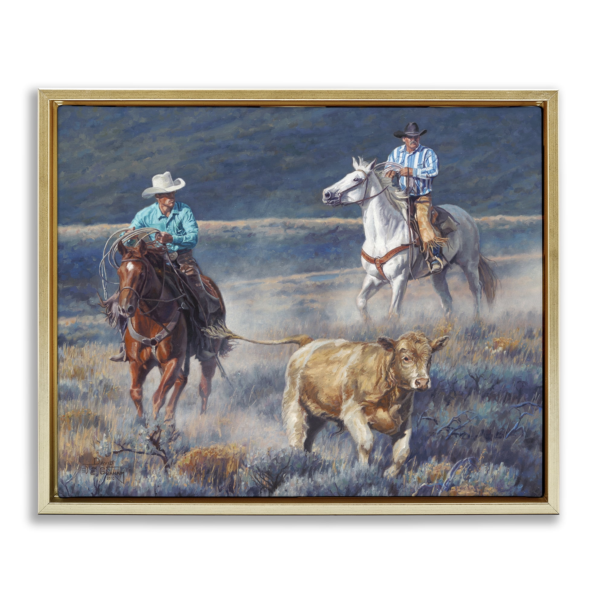 Stupell Industries The Chase Cowboys Landscape Painting Gold Floater Framed Canvas Art Print Wall Art, 21 x 17