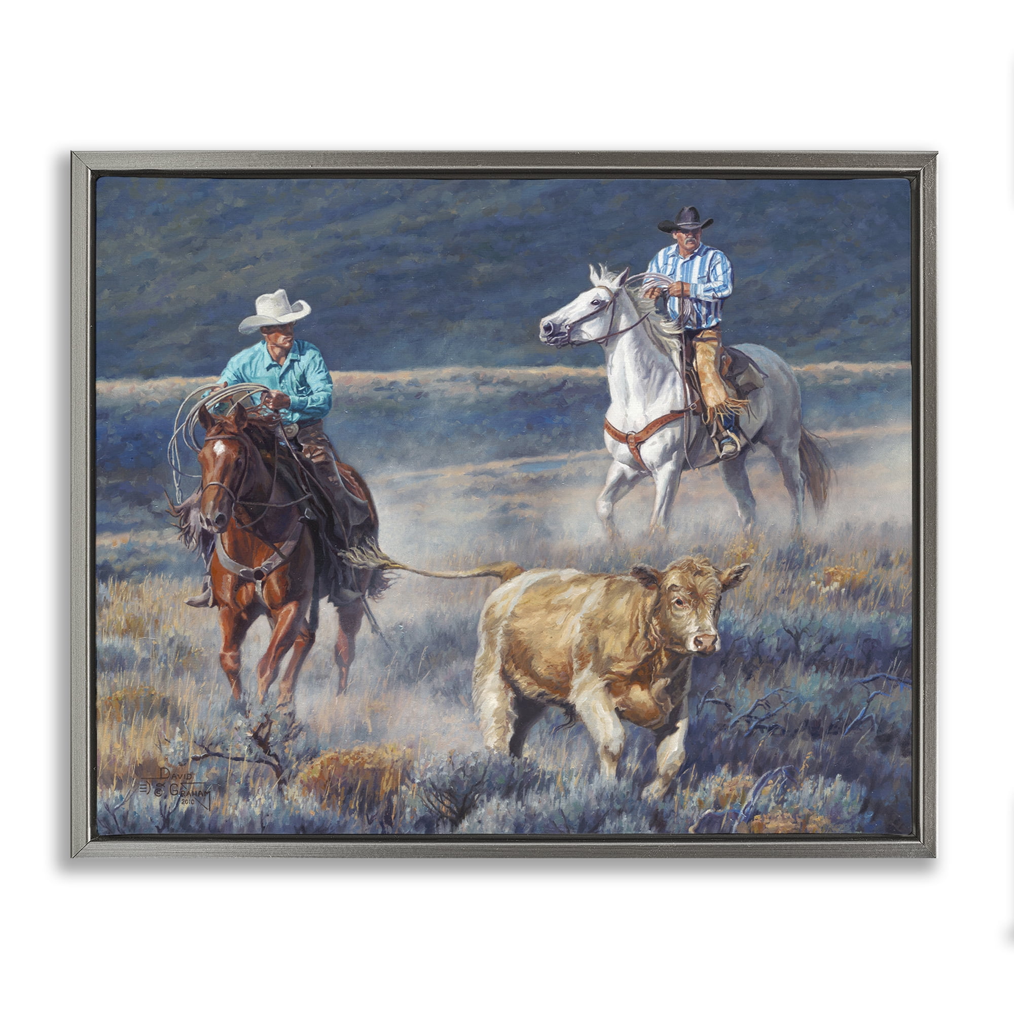 Stupell Industries The Chase Cowboys Landscape Painting Gray Floater Framed Canvas Art Print Wall Art, 21 x 17