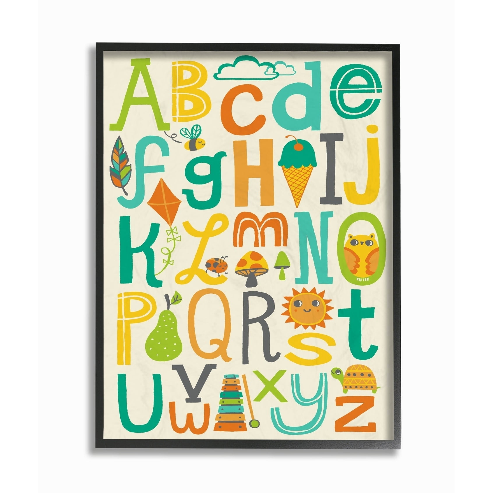 Stupell Industries The Kids Room By Stupell Teal Orange and Green Alphabet Animals And Fun Food Framed Wall Art, 11x14, Proudly A 11 x 14
