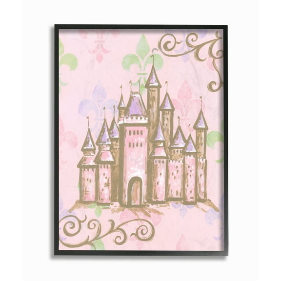 Stupell Industries The Kids Room by Stupell Castle with Fleur de Lis on Pink Background Graphic Art Black Framed Art Print Wall Art, 24x30, by Reesa Qualia