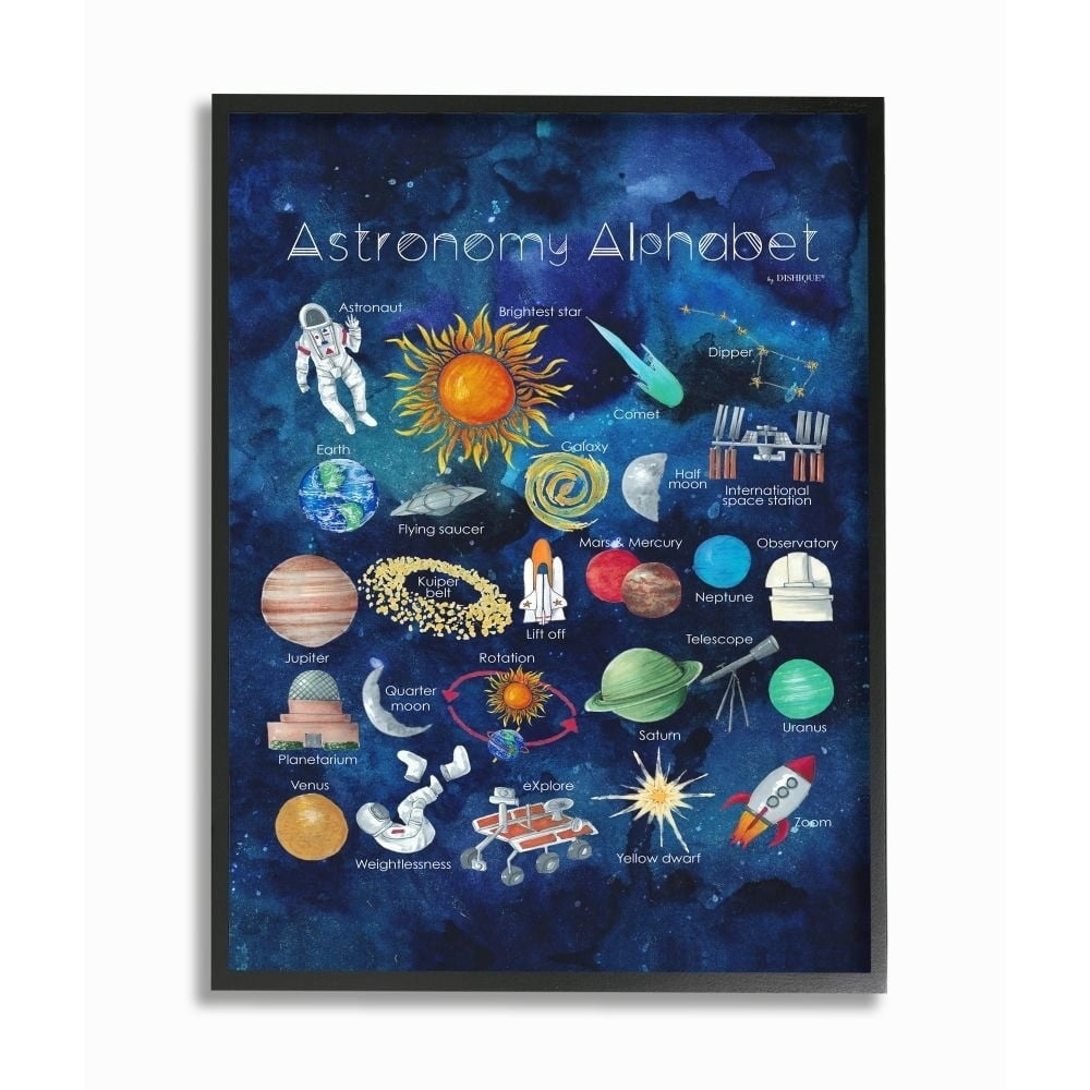 Stupell Industries The Kids Room by Stupell Watercolor Blue Space Astronomy Alphabet Framed Art, 11x14, Proudly A 11 x 14
