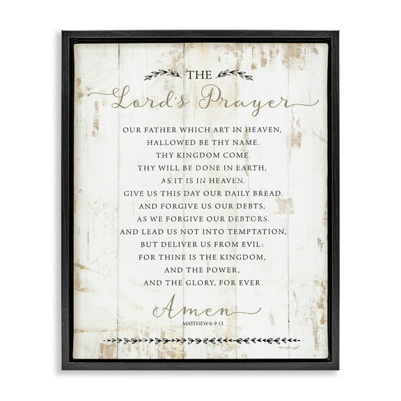 Stupell Industries The Lords Prayer Our Father Rustic Distressed White Wood Look Jet Black Framed Floating Canvas Wall Art, 16x20, by Jennifer Pugh