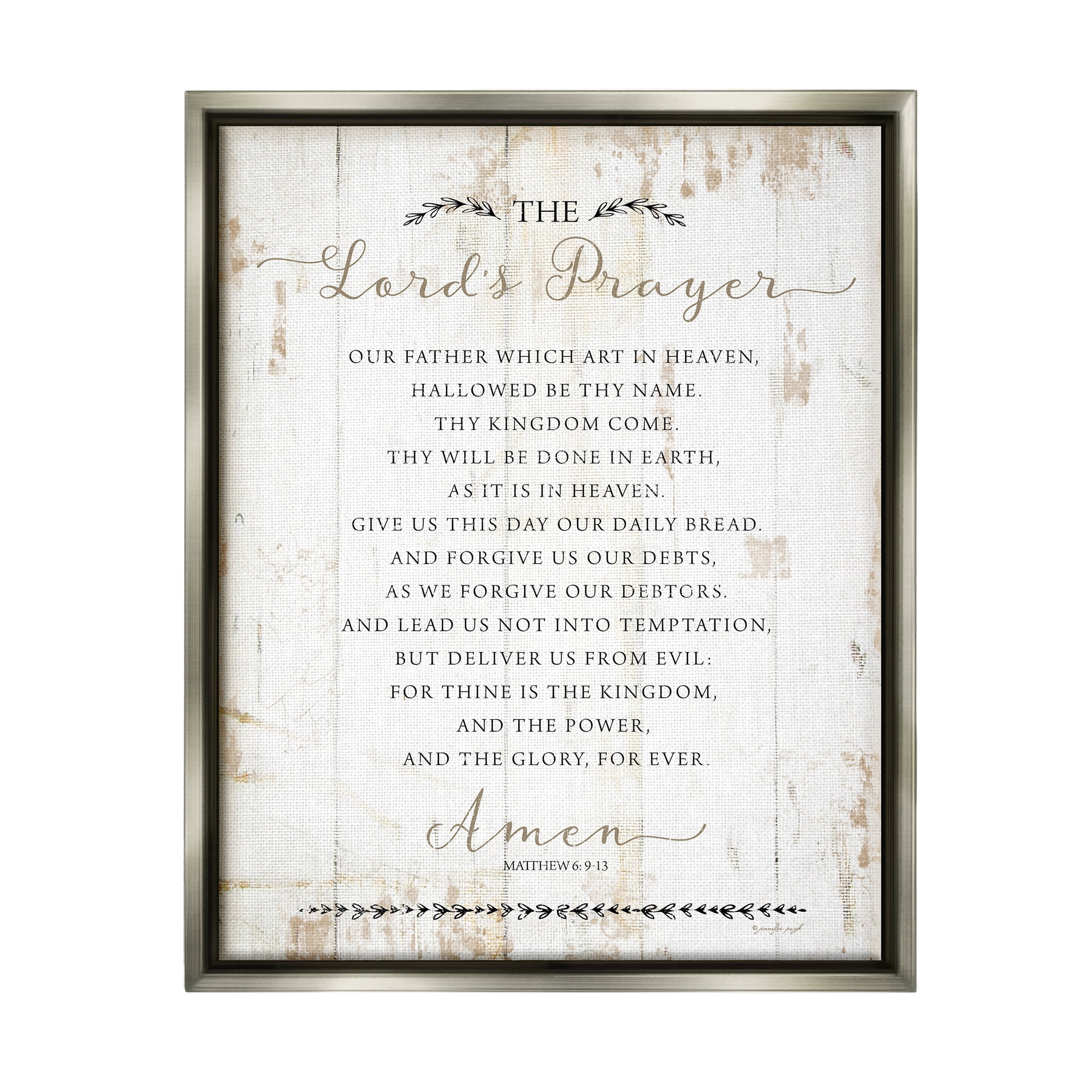Stupell Industries The Lords Prayer Our Father Rustic Distressed White Wood Look Luster Gray Framed Floating Canvas Wall Art, 24x30, by Jennifer Pugh