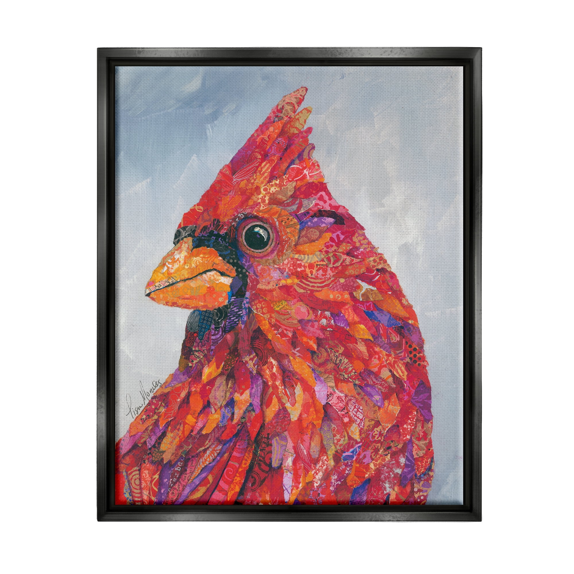 Stupell Industries The Messenger Red Cardinal Layered Collage Bird Painting Painting Jet Black Floating Framed Canvas Print Wall Art, Design by Lisa Morales