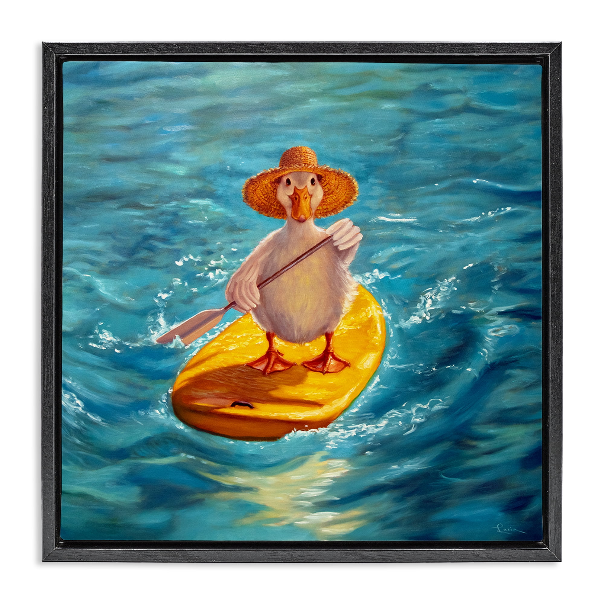 Stupell Industries The Paddler Duck with Straw Hat Black Framed Floater Canvas Wall Art, design by Lucia Heffernan