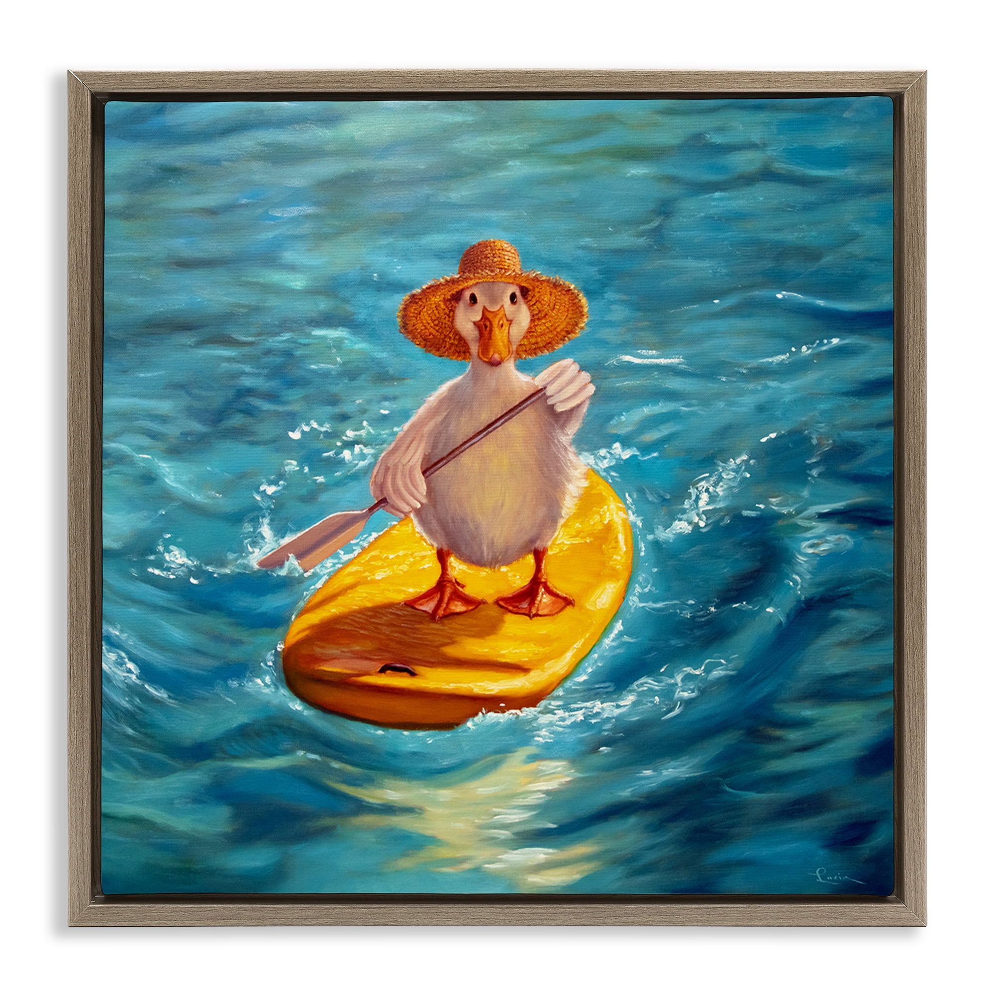Stupell Industries The Paddler Duck with Straw Hat Brown Framed Floater Canvas Wall Art, design by Lucia Heffernan