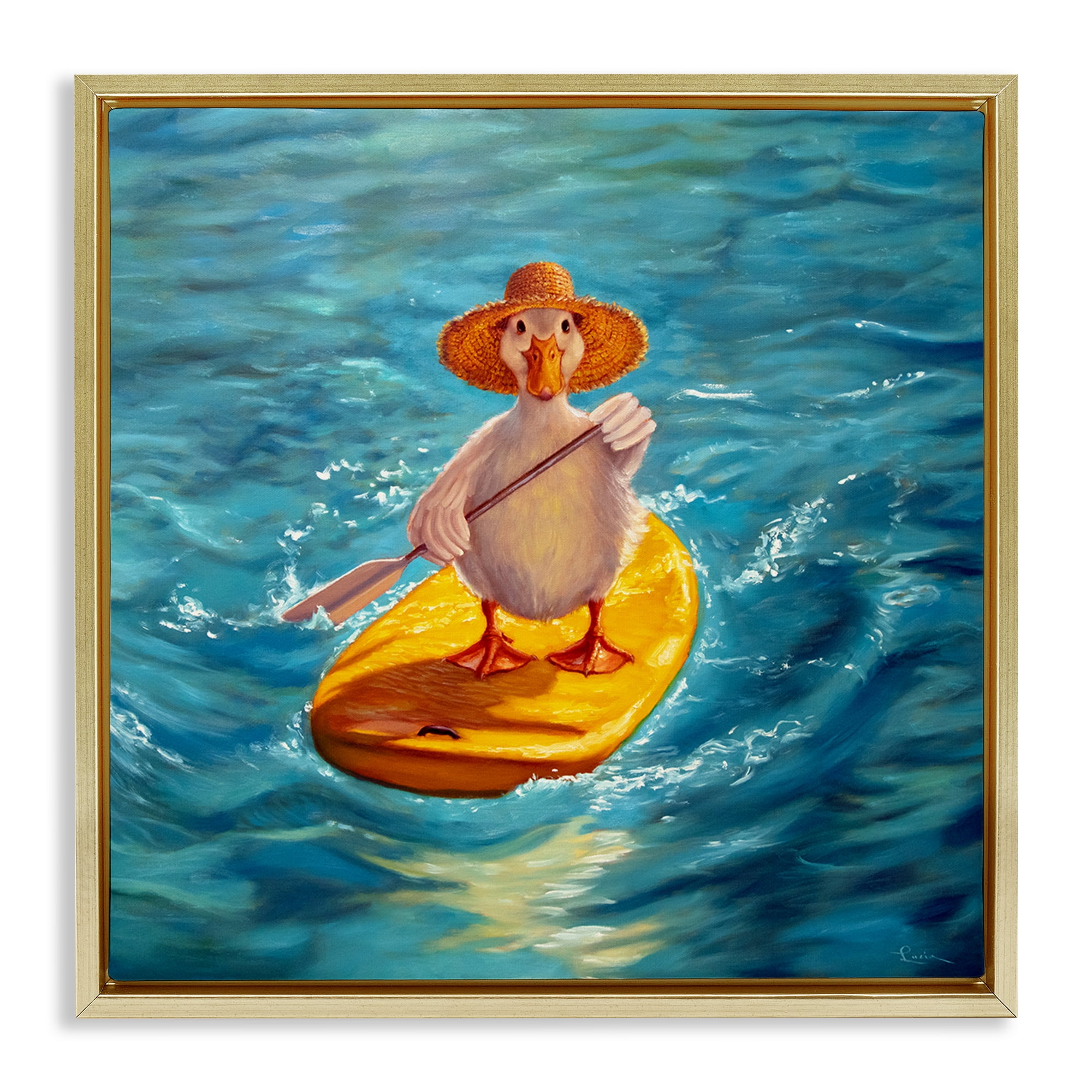 Stupell Industries The Paddler Duck with Straw Hat Gold Framed Floater Canvas Wall Art, design by Lucia Heffernan