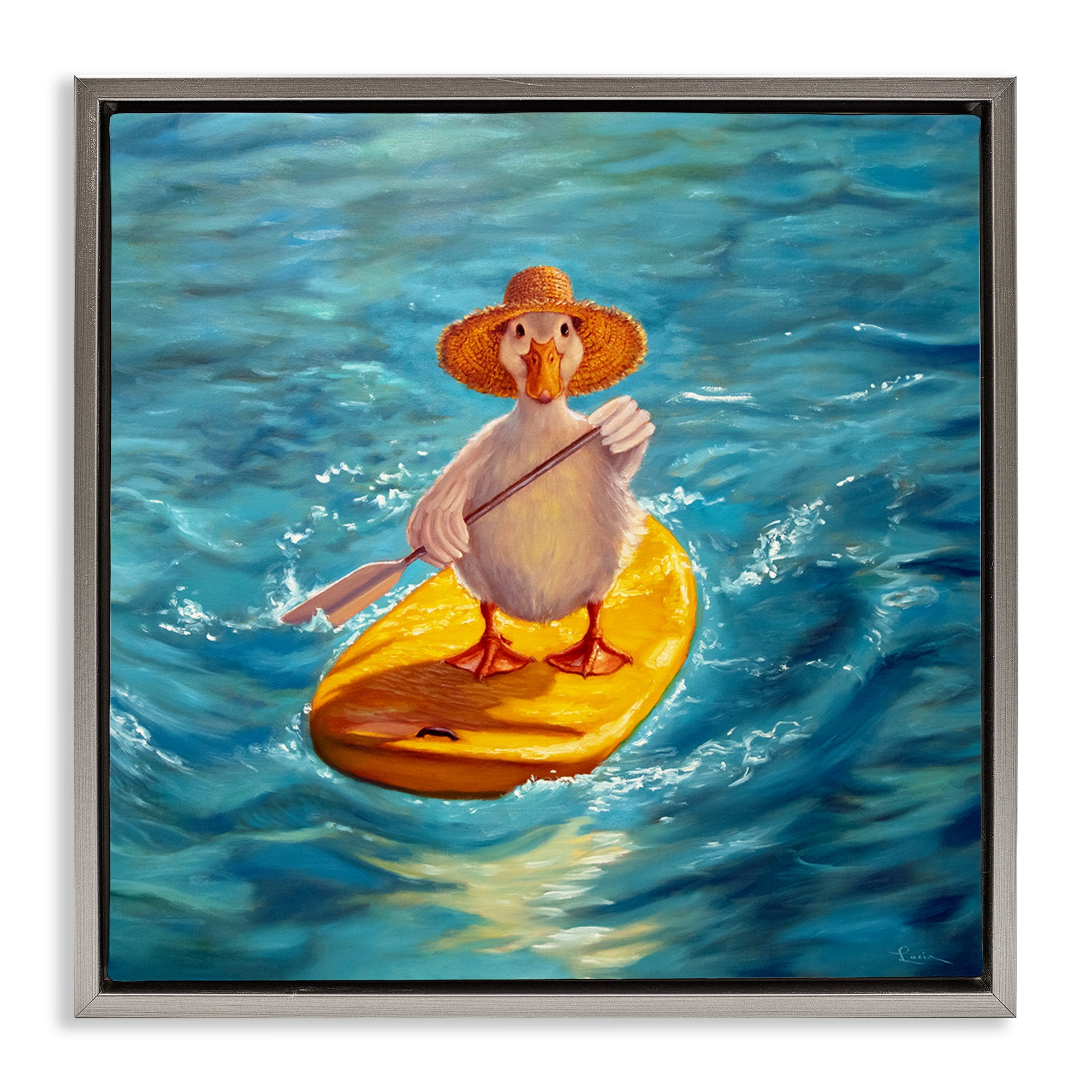 Stupell Industries The Paddler Duck with Straw Hat Gray Framed Floater Canvas Wall Art, design by Lucia Heffernan