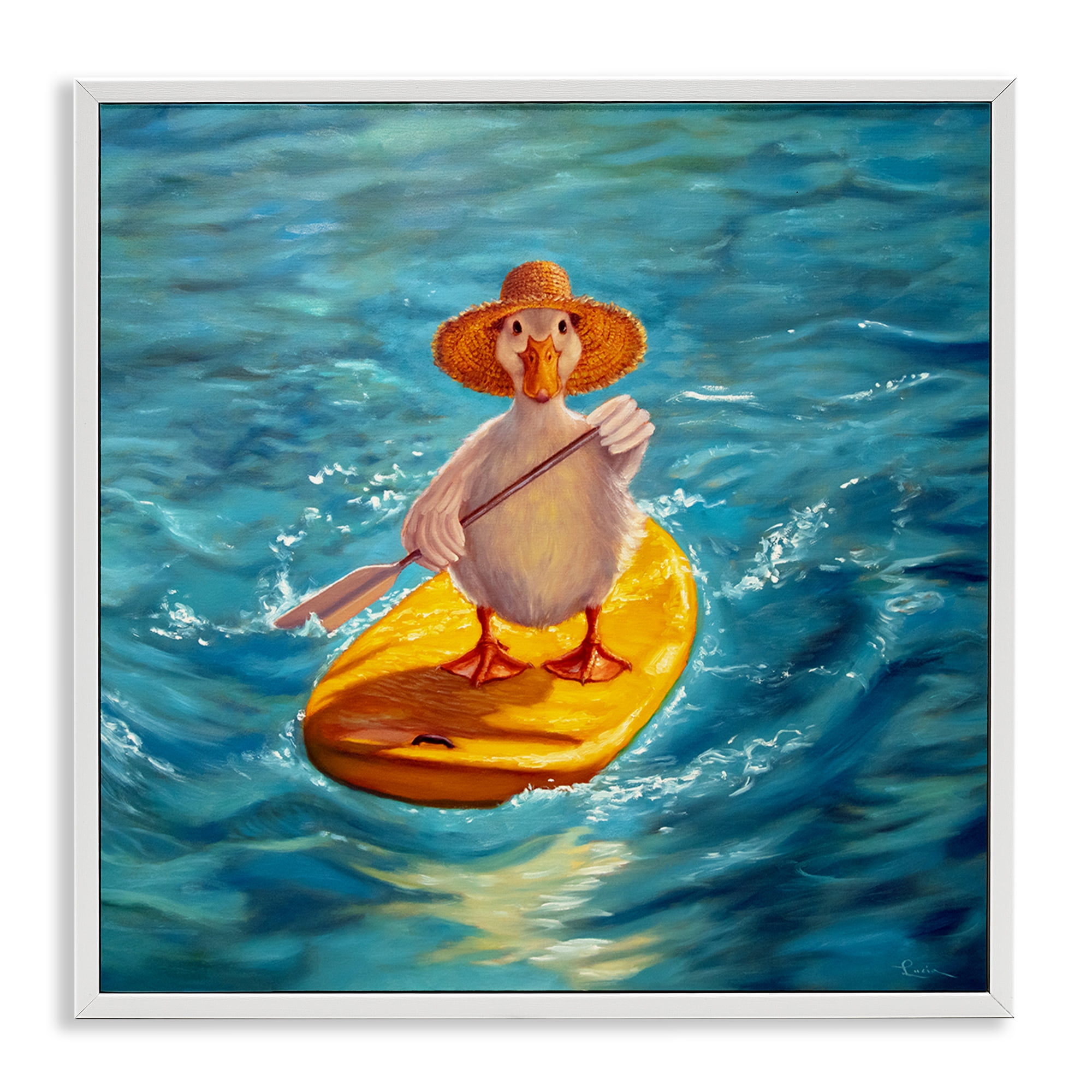 Stupell Industries The Paddler Duck with Straw Hat White Framed Giclee Art, design by Lucia Heffernan