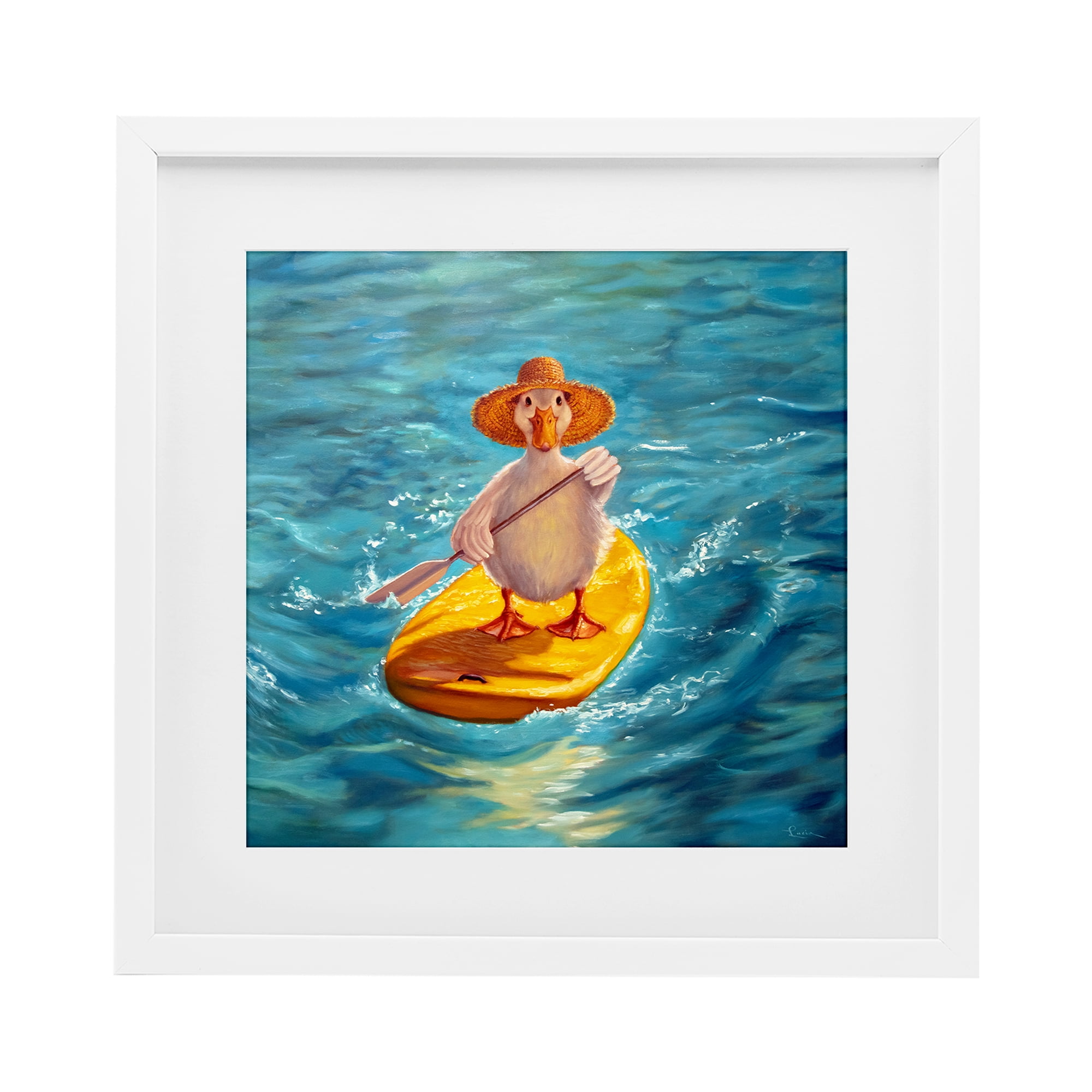 Stupell Industries The Paddler Duck with Straw Hat White Framed Print Under Glass, design by Lucia Heffernan