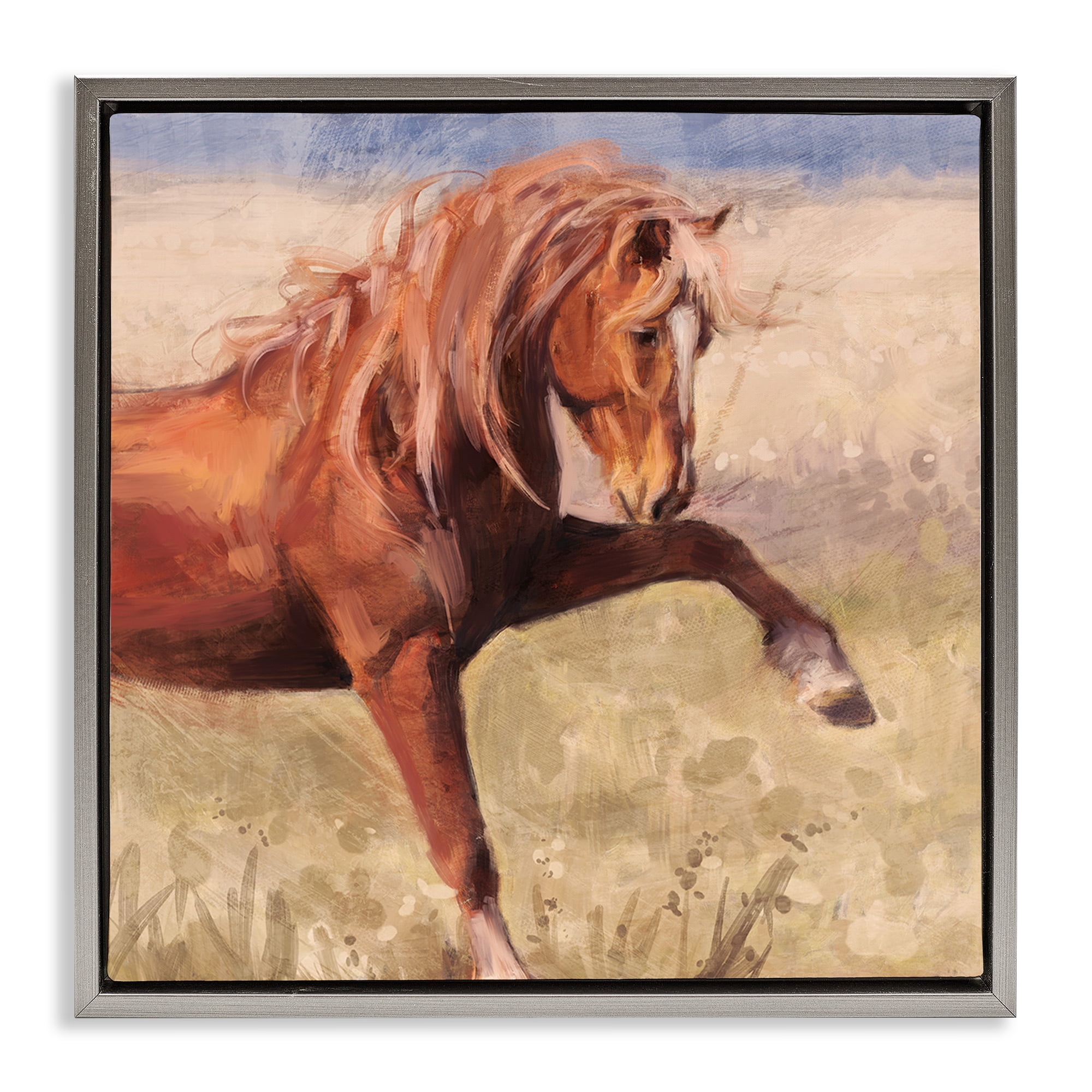 Stupell Industries The Red Stallion Portrait Animals & Insects Painting Gray Floater Framed Canvas Art Print Wall Art, 18 x 18