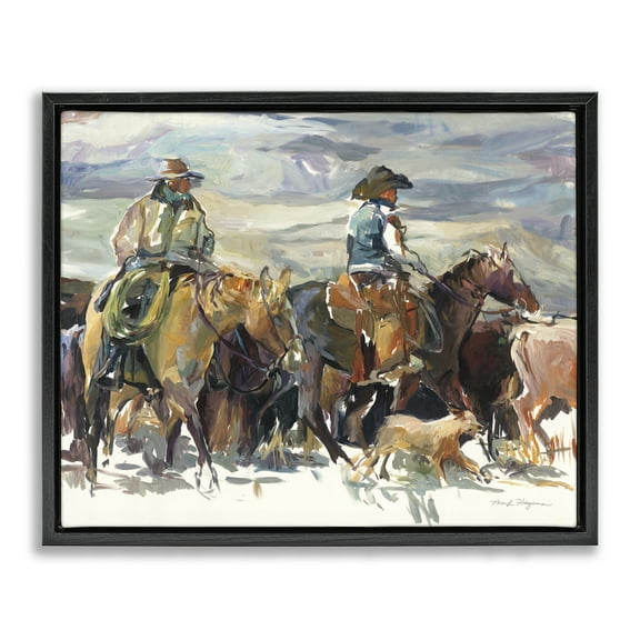 Stupell Industries The Roundup Western Painting Animals Painting Black Floater Framed Canvas Art Print Wall Art, 21 x 17