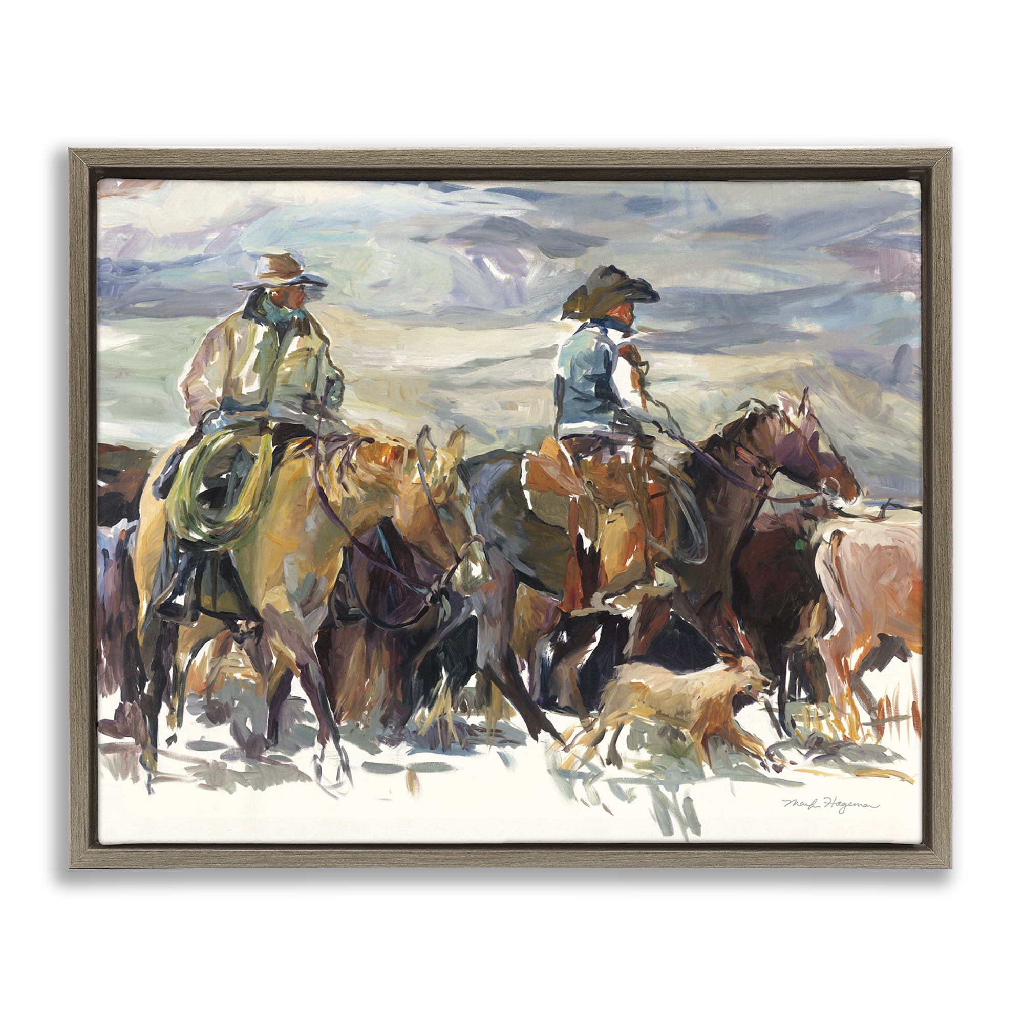 Stupell Industries The Roundup Western Painting Animals Painting Brown Floater Framed Canvas Art Print Wall Art, 21 x 17